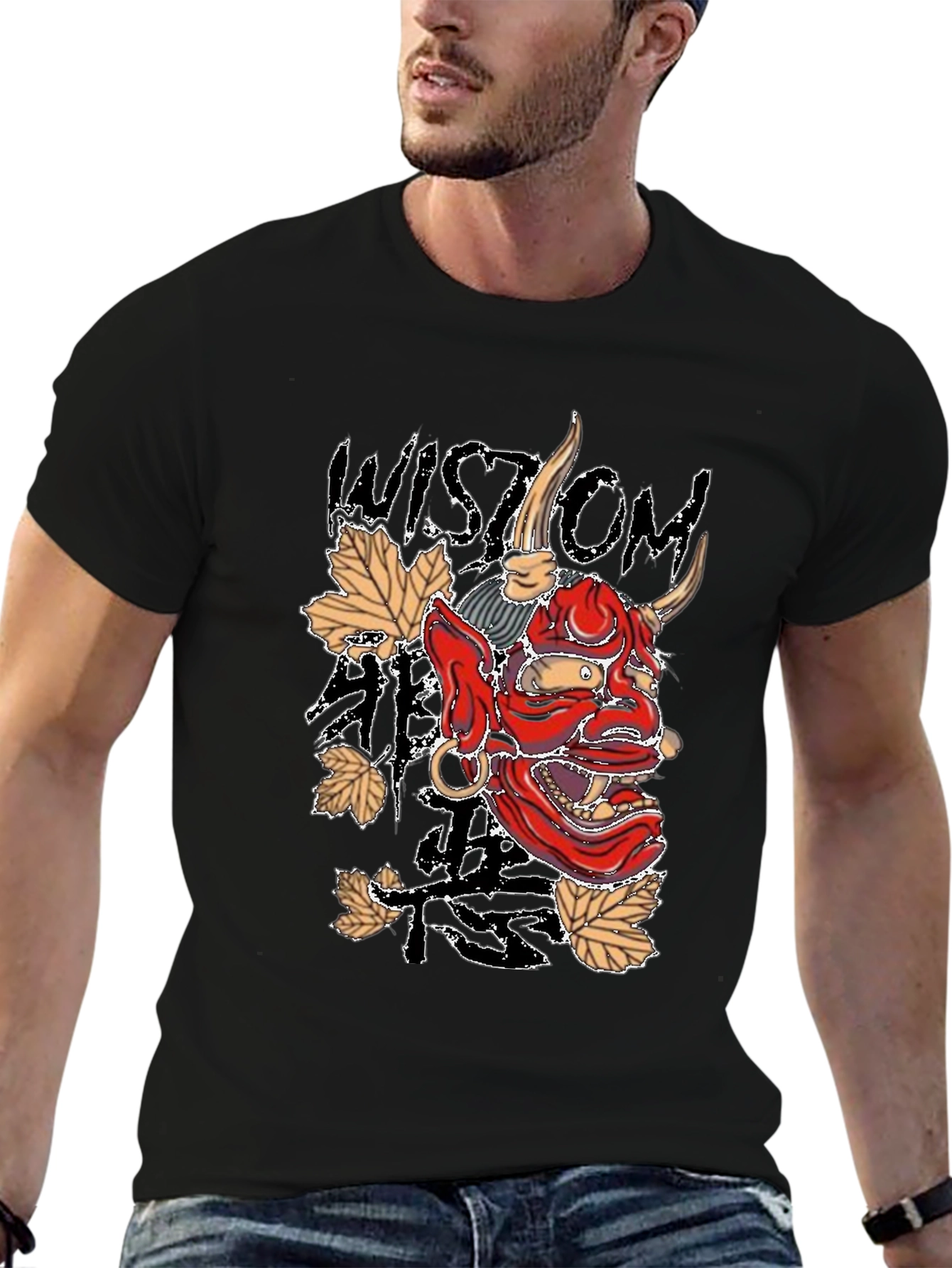 Black Men's Black Wisdom Oni Mask Graphic T-Shirt view 6