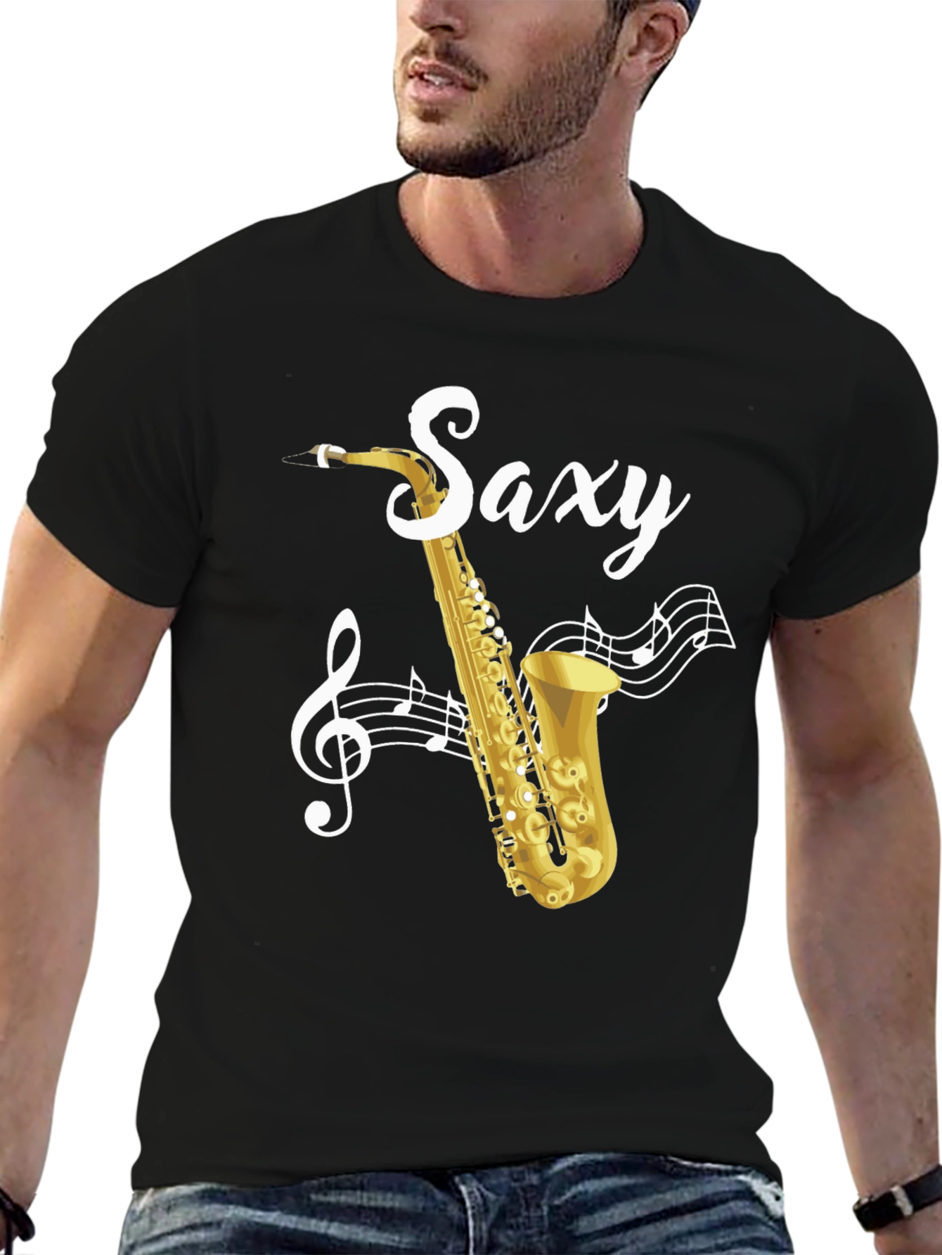 Black Saxy Saxophone Music Notes Graphic T-Shirt view 6