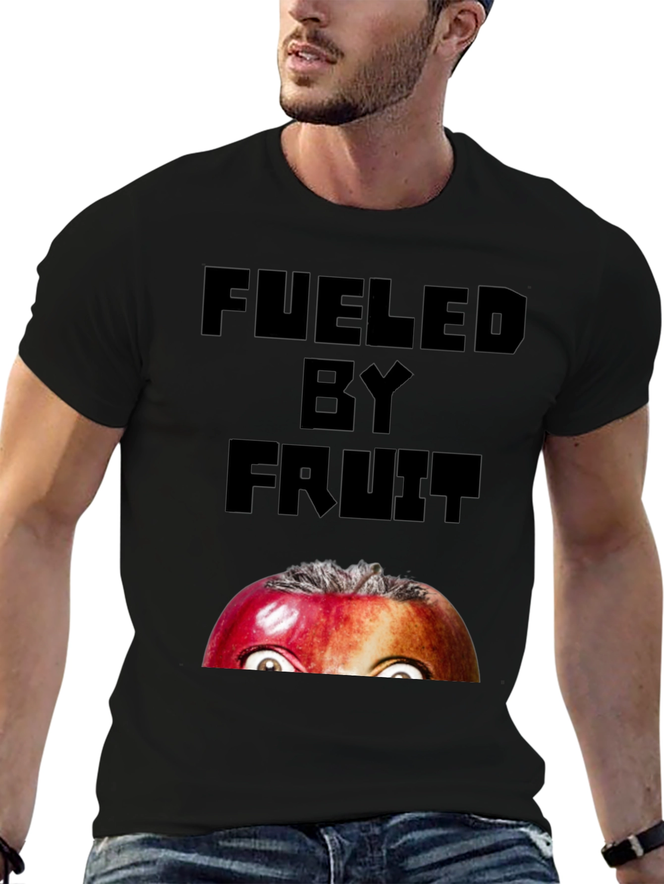 Black Fueled By Fruit Graphic T-Shirt - Funny Apple Eyes view 6