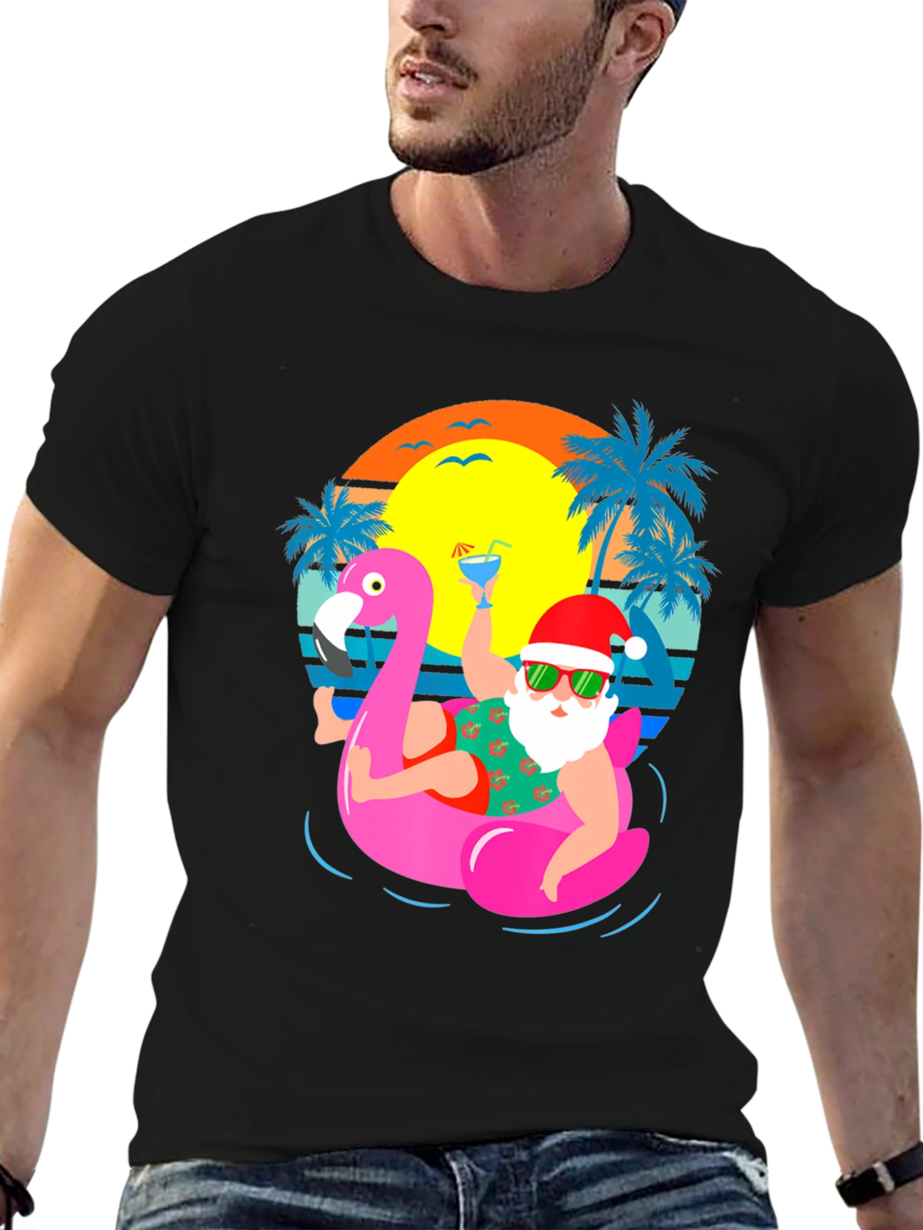 Santa Flamingo Pool Party Graphic T-Shirt - 6