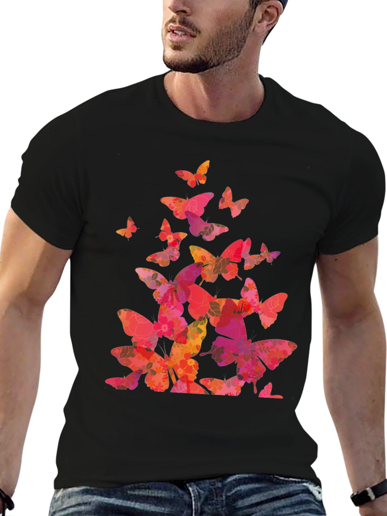 Black Butterfly Print Black T-Shirt view 6