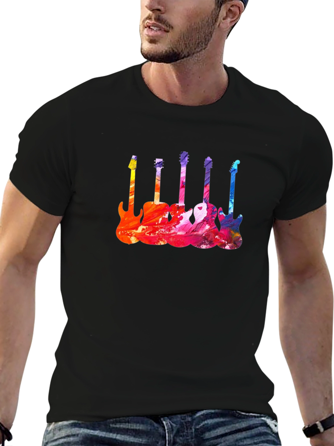 Black Colorful Guitar T-Shirt - Music Lover Tee view 6