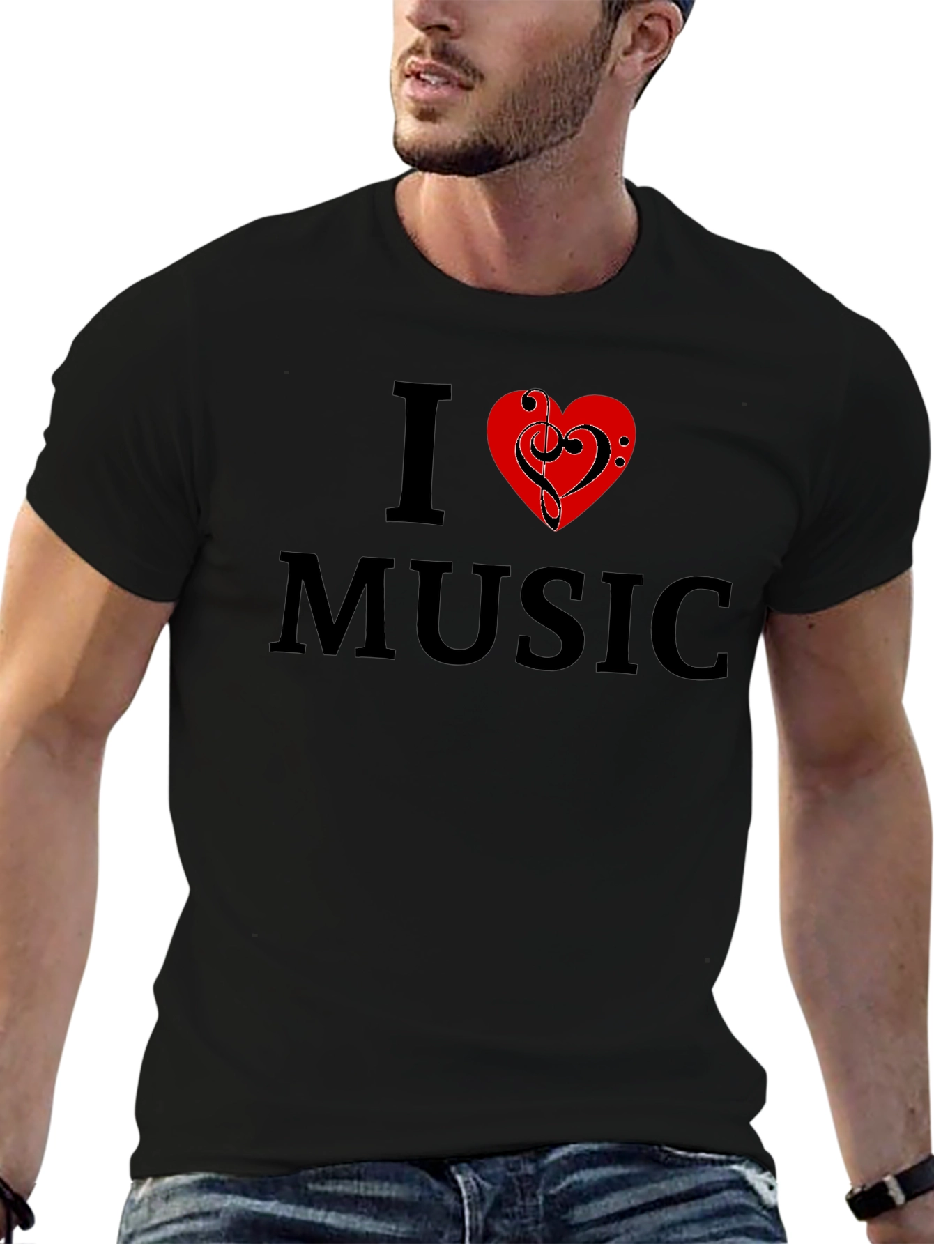 Black I Love Music Graphic Tee - Black Cotton T-Shirt view 6