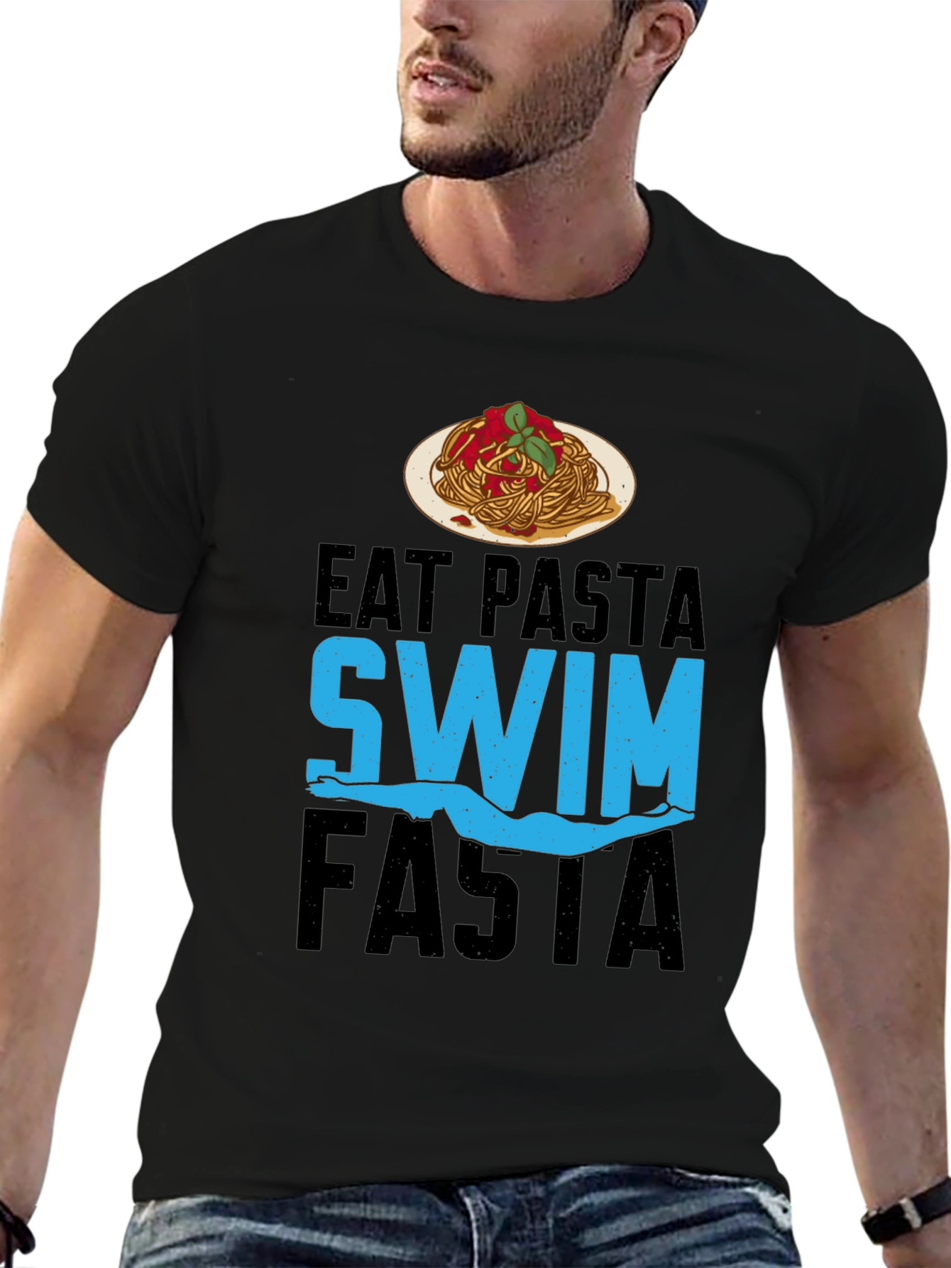 Black Eat Pasta Swim Fasta T-Shirt - Swimmer's Delight! view 6
