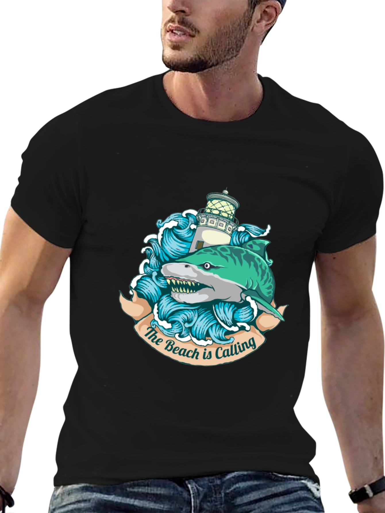Black Beach Calling T-Shirt with Shark and Lighthouse view 6