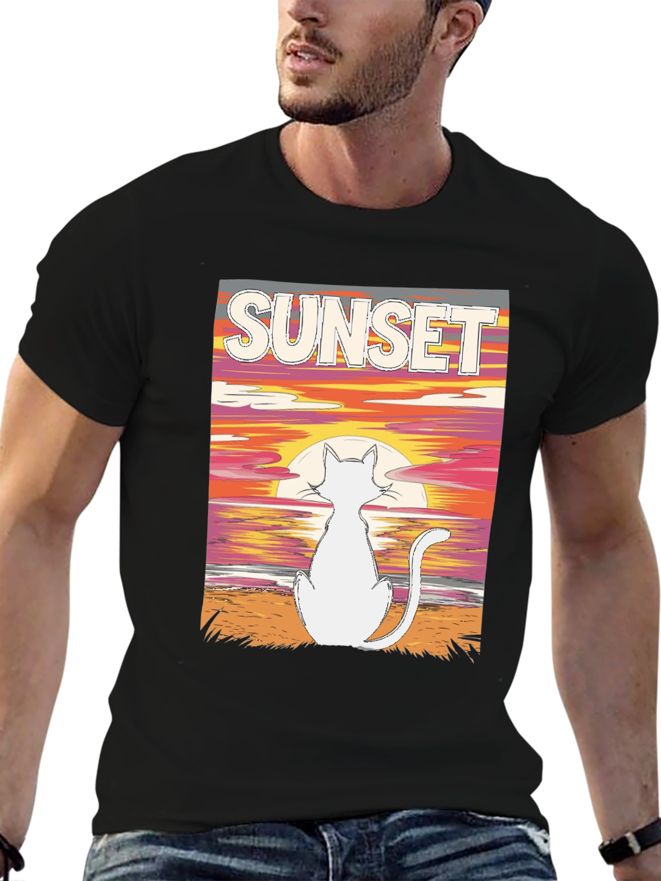 Black Sunset Cat Graphic Tee - Black Cotton T-Shirt view 6