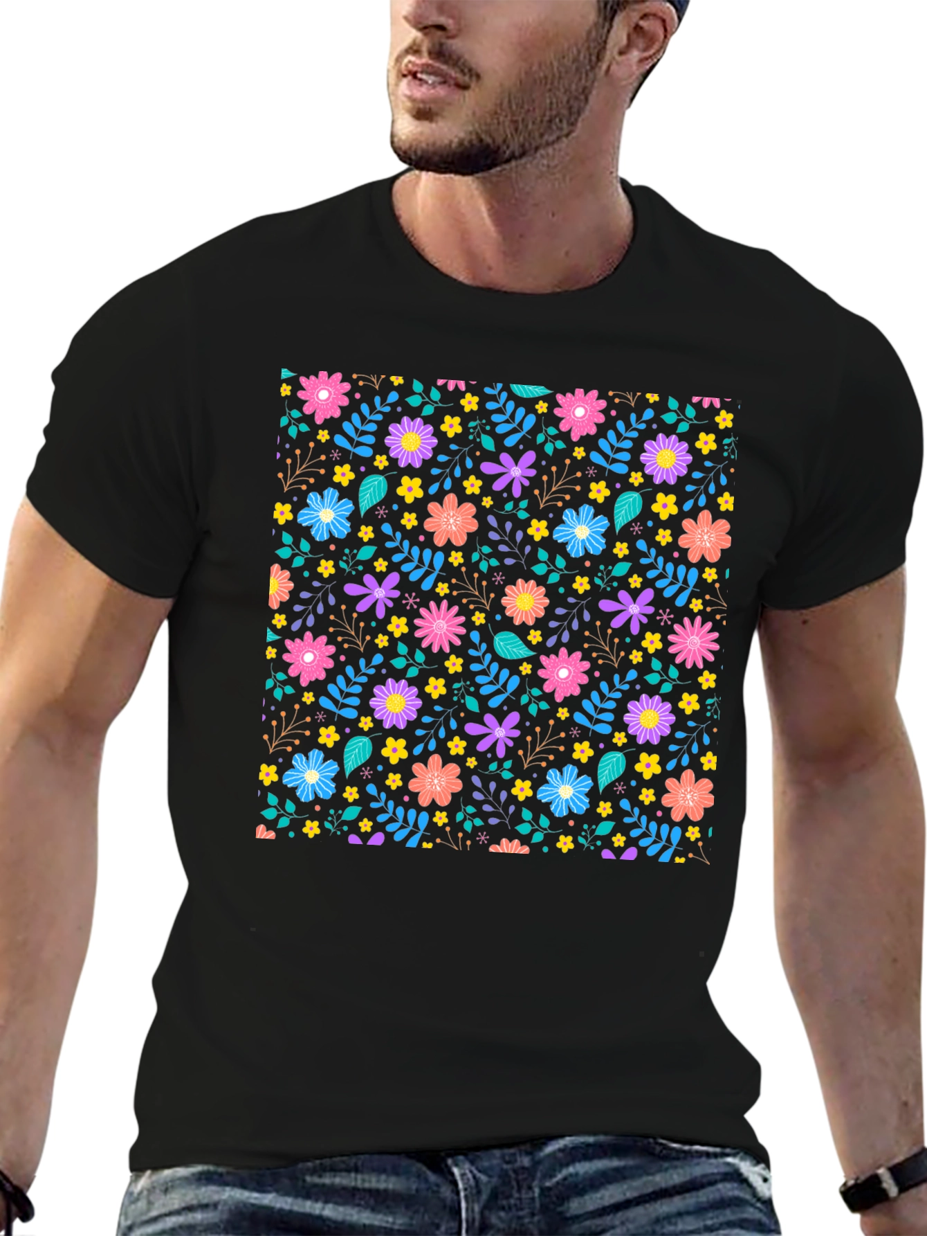 Black Floral Pattern Black T-Shirt view 6