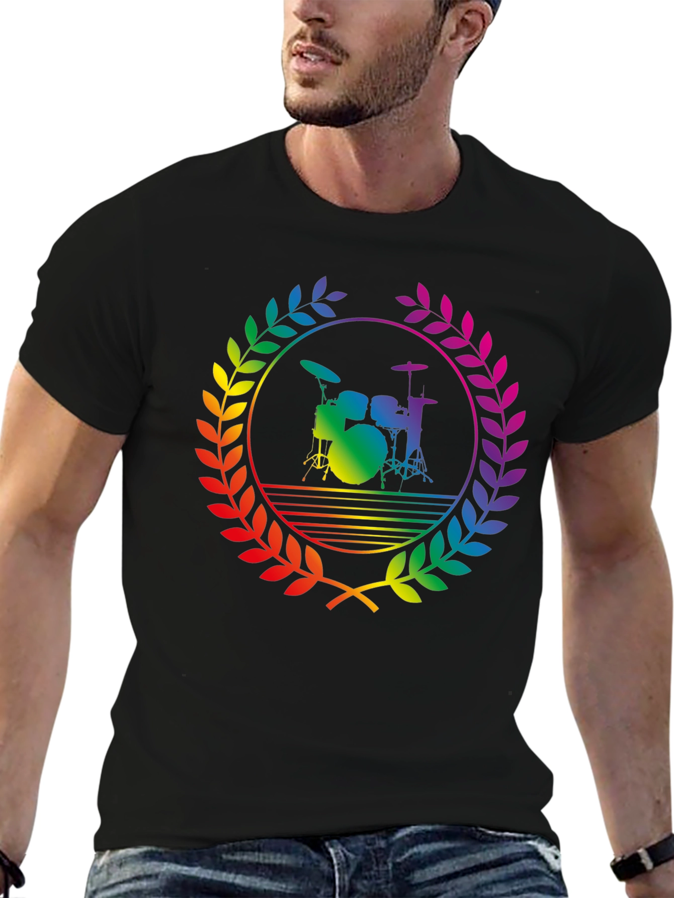 Black Rainbow Drummer T-Shirt - Black Cotton Music Tee view 6