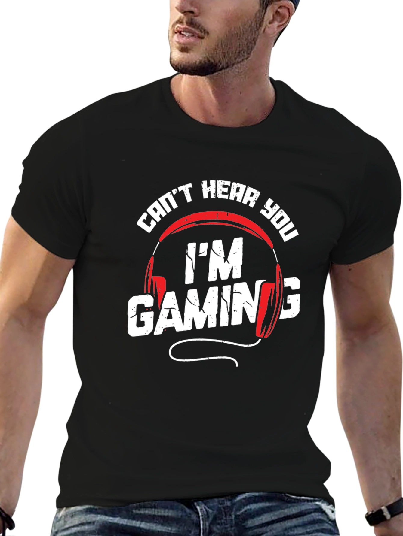 Black Gaming Headset T-Shirt: Can't Hear You I'm Gaming Black Tee view 6