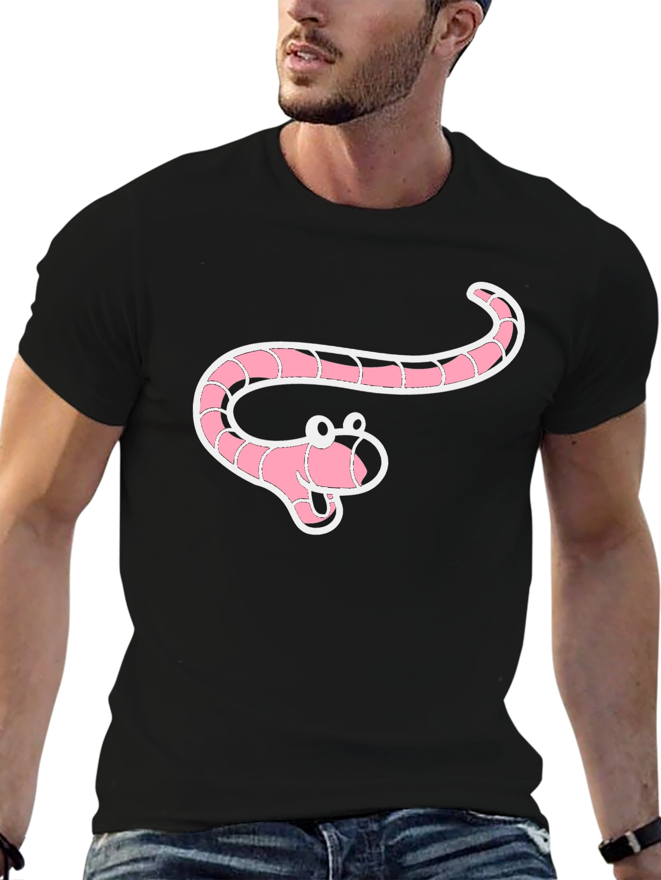 Black Cartoon Worm Graphic Black T-Shirt view 6
