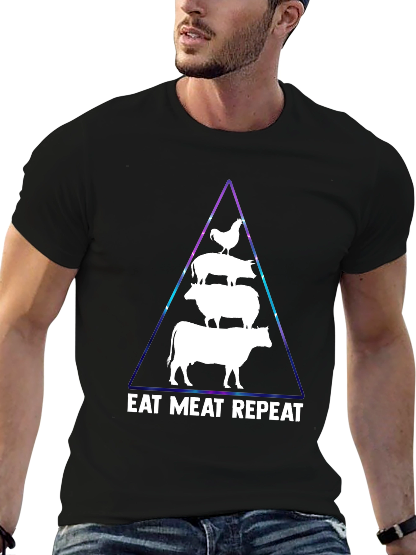 Black Eat Meat Repeat T-Shirt: Black, Animal Pyramid Design view 6