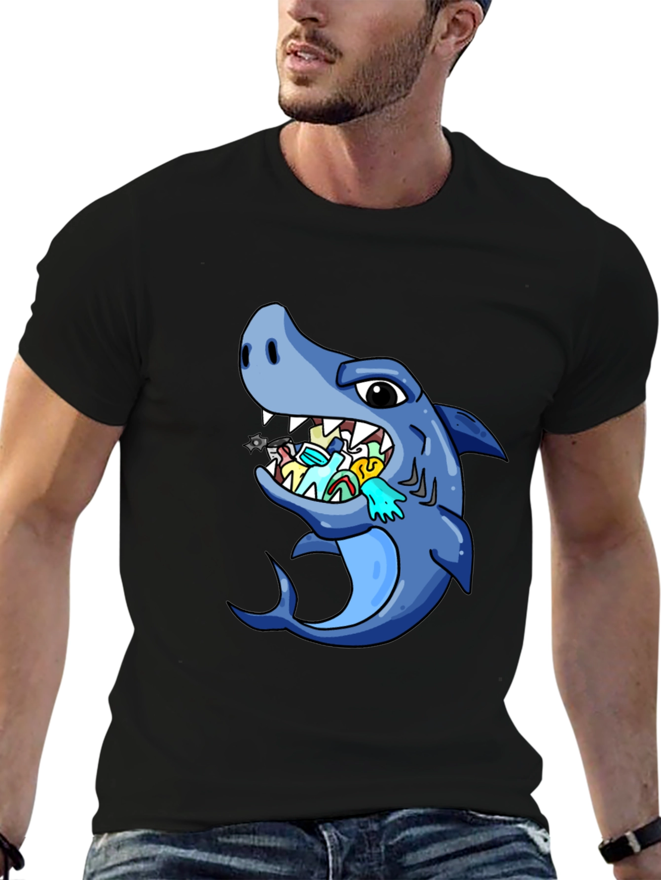 Black Shark Eating Masks Funny T-Shirt view 6