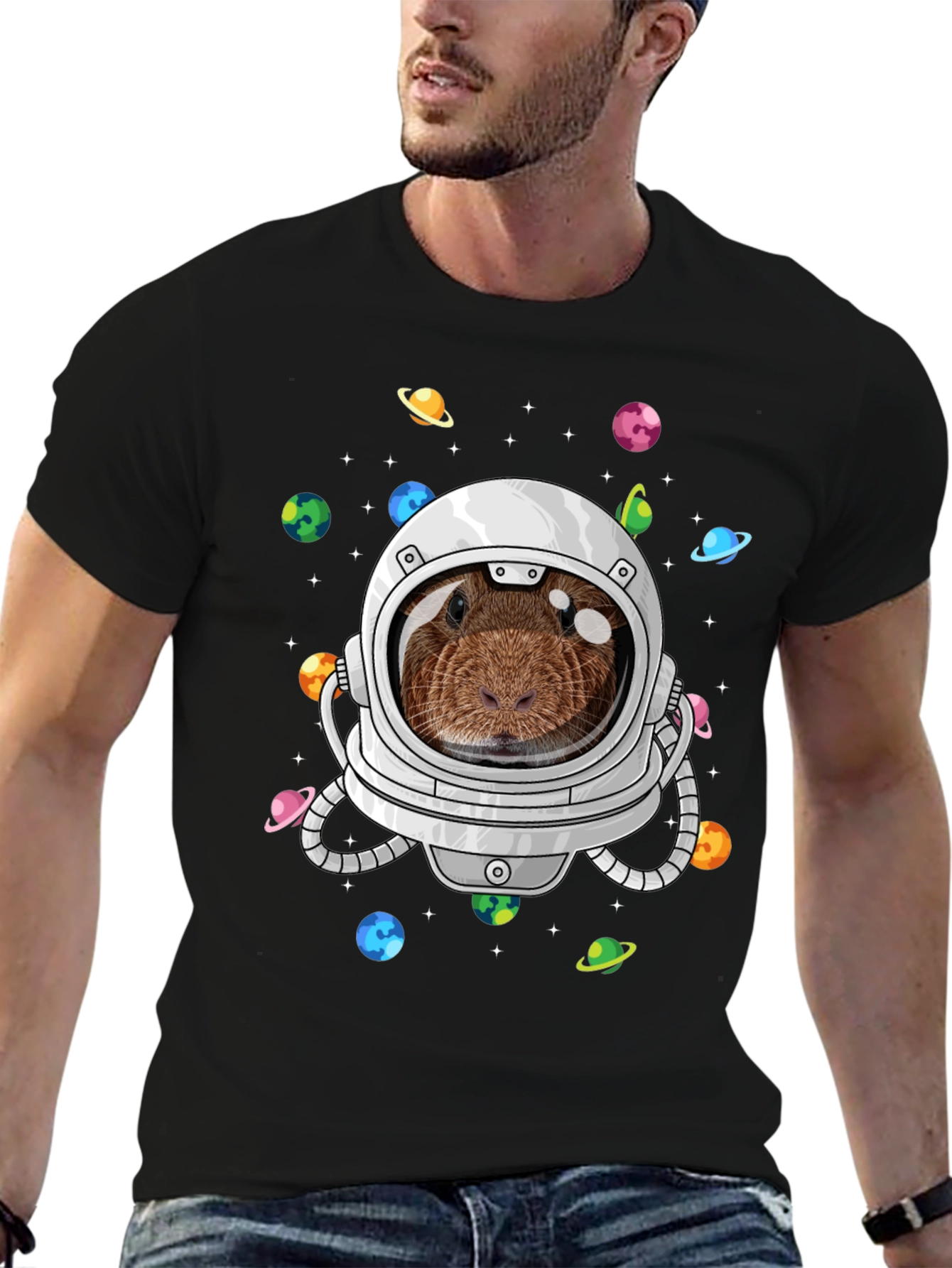 Black Guinea Pig Astronaut T-Shirt Funny Space Tee view 6