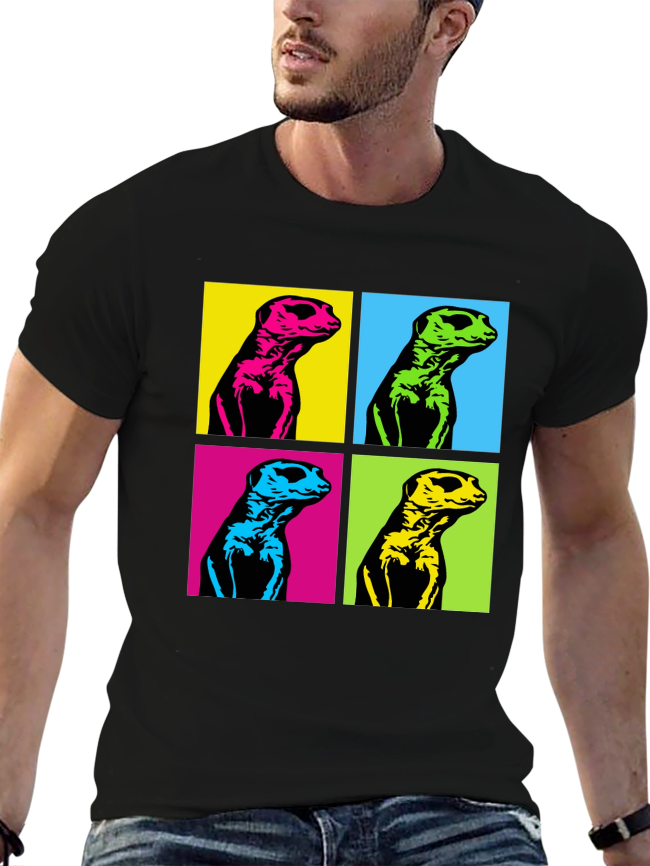 Black Pop Art Meerkat Graphic Tee - Unique Animal T-Shirt view 6