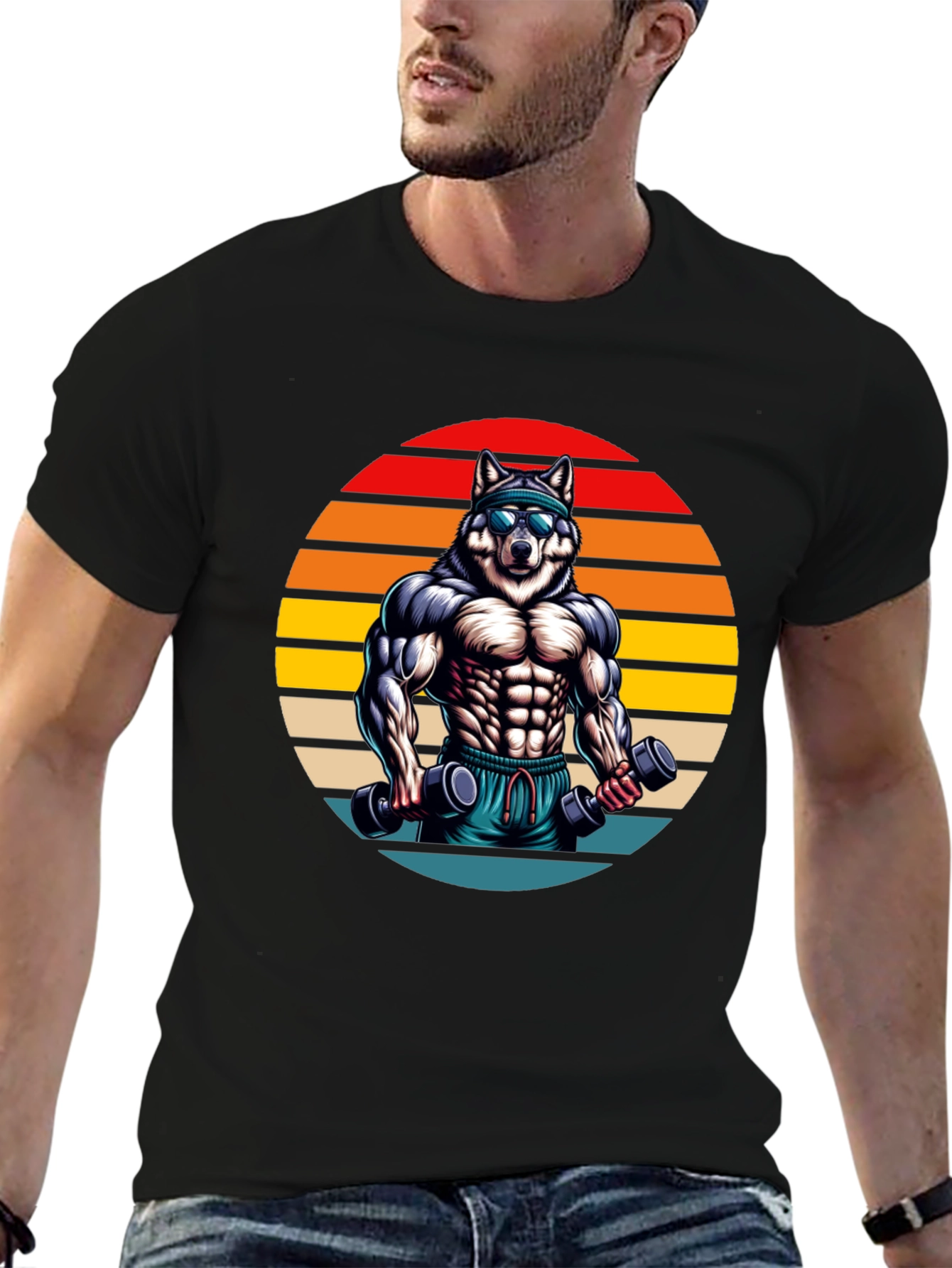 Black Wolf Gym T-Shirt - Retro Fitness Design view 6