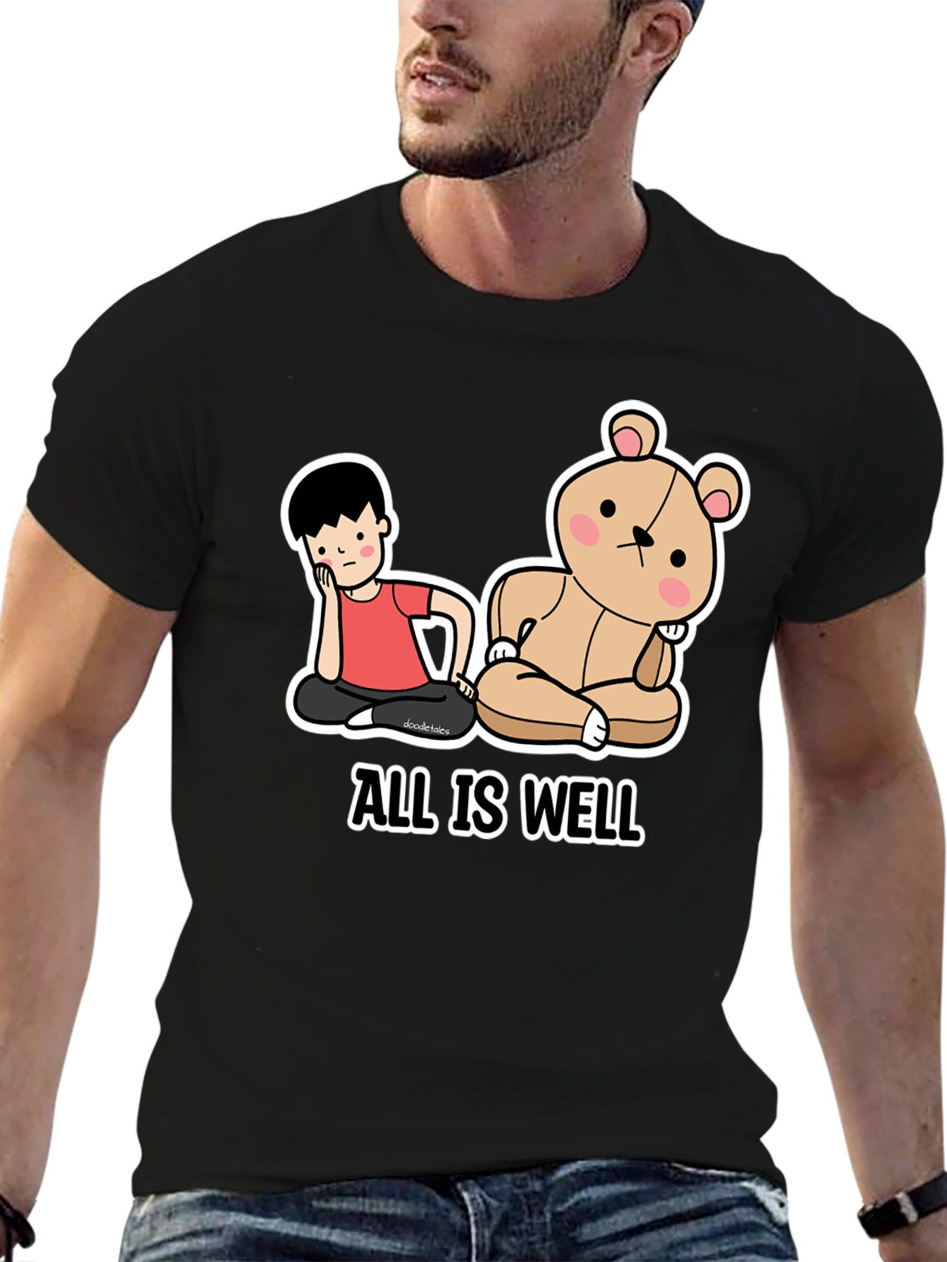 Black All Is Well T-Shirt: Cartoon Boy & Bear Meditating Graphic Tee view 6