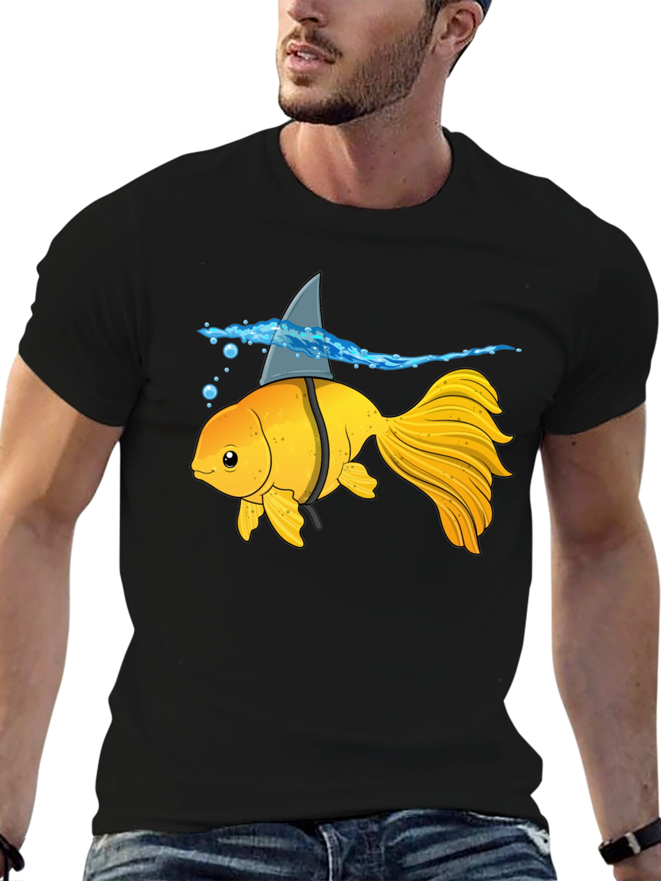 Black Goldfish Shark Fin Humor T-Shirt view 6