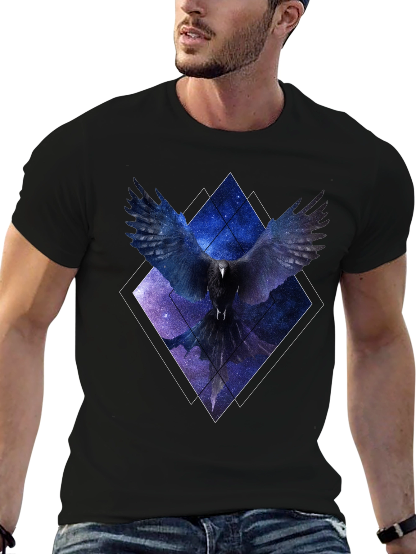 Black Cosmic Raven Graphic Tee - Unisex Black T-Shirt view 6