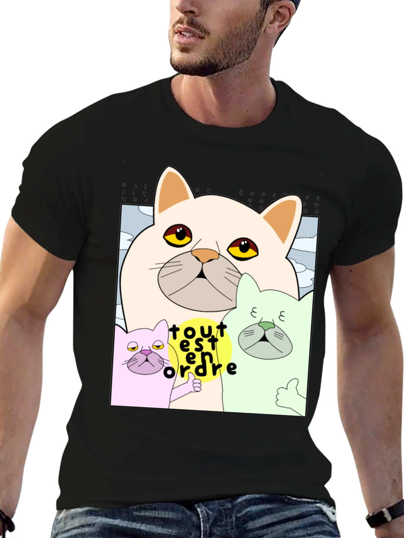 Black Cat Cartoon Graphic Black T-Shirt view 6