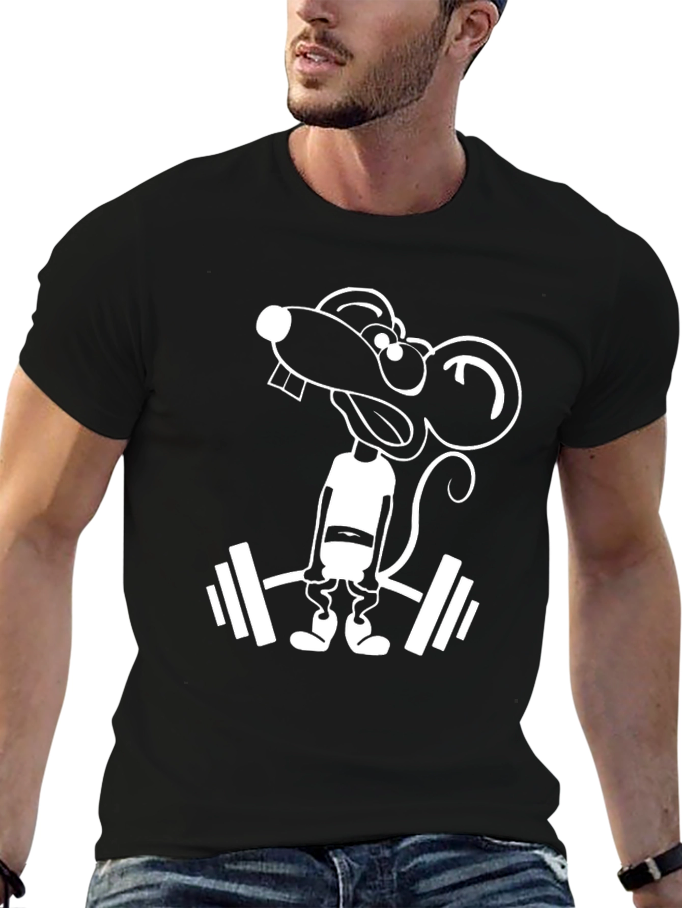 Black Funny Rat Lifting Weights Black T-Shirt view 6
