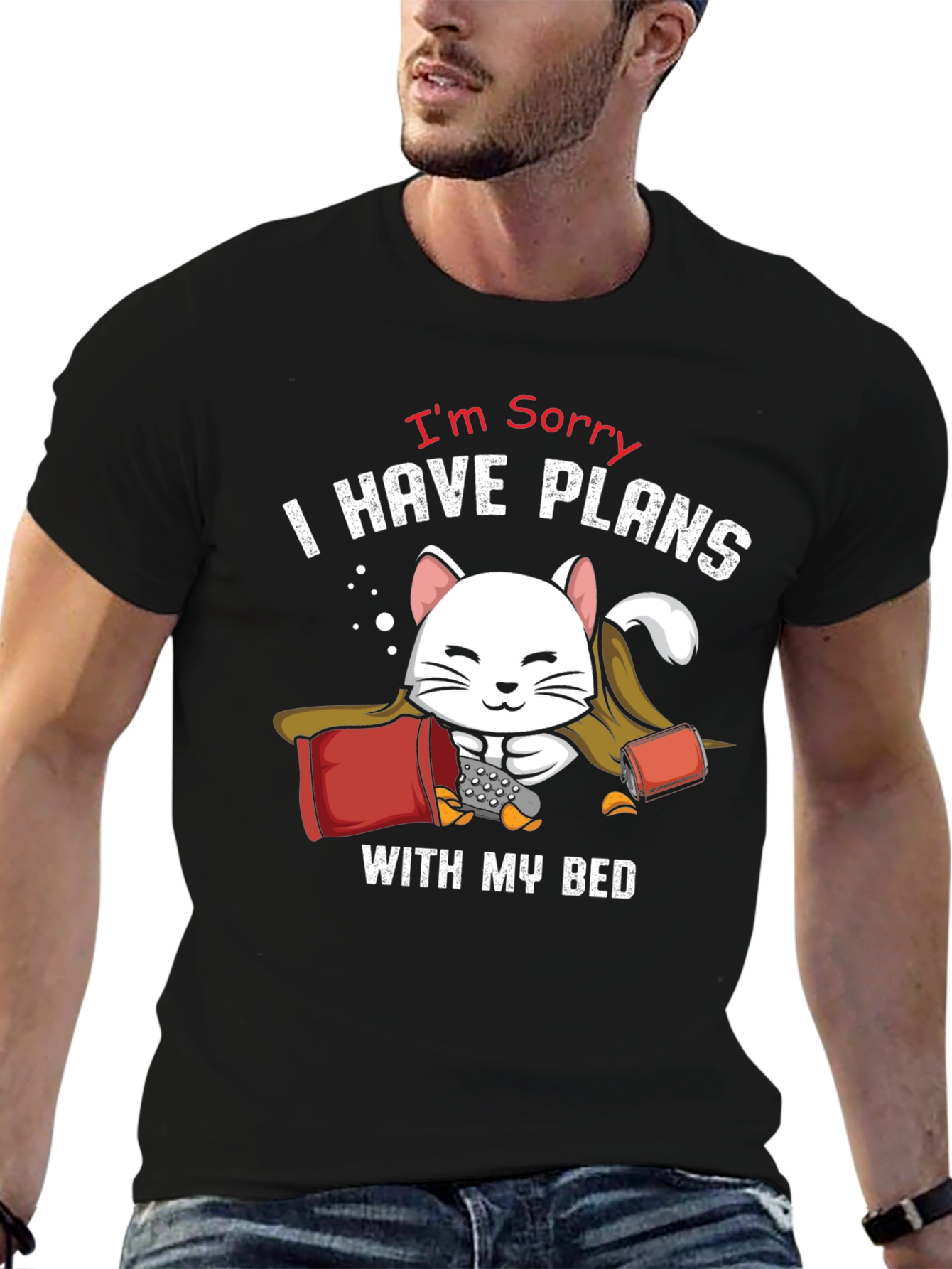 Black Funny Cat Bed Plans T-Shirt - Novelty Graphic Tee view 6