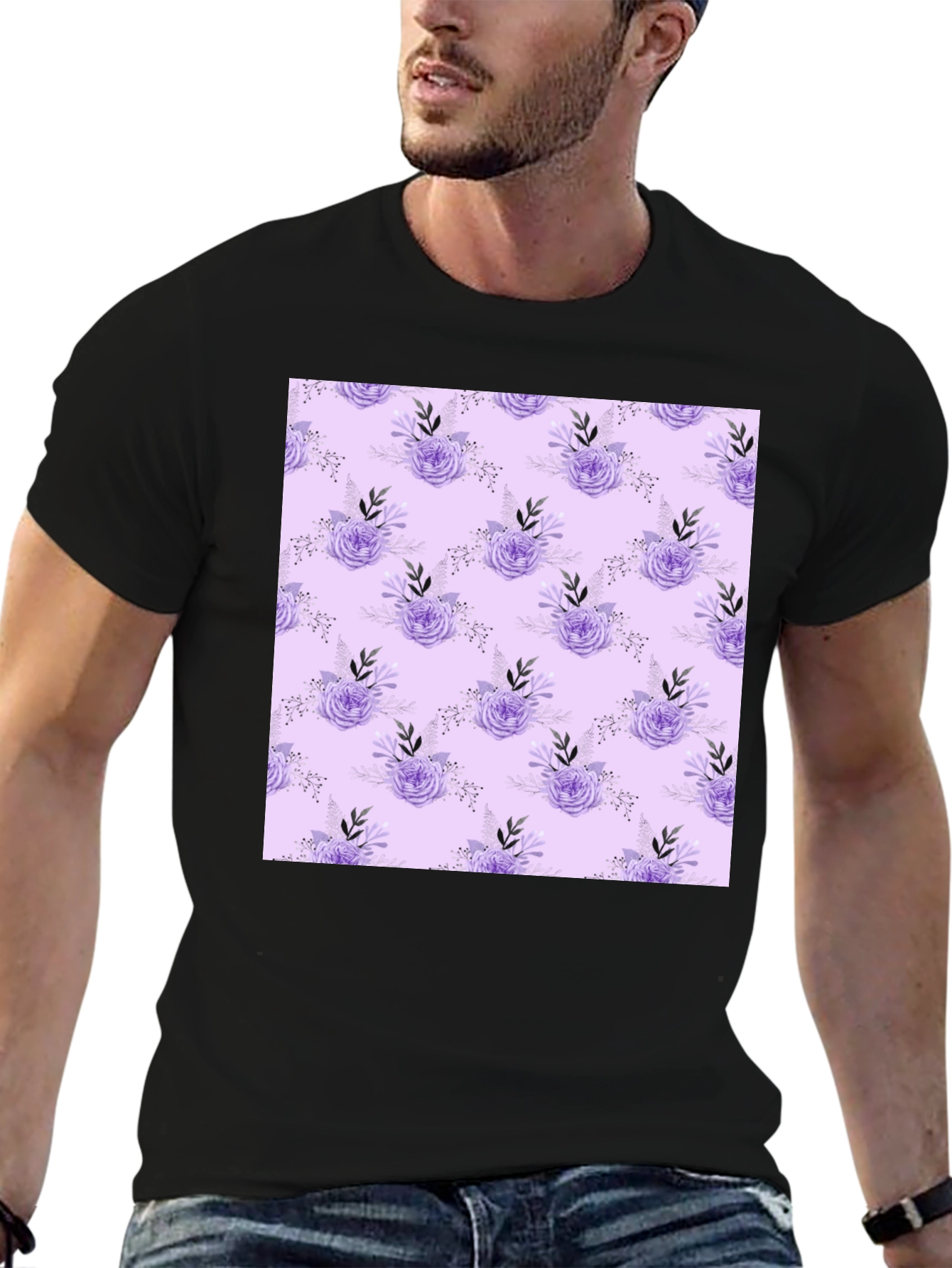 Black Floral Lavender Pattern Black T-Shirt view 6