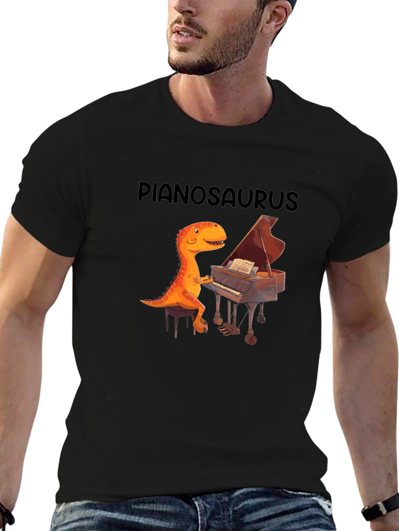 Black Pianosaurus Graphic Tee - Dino Piano Player Shirt view 6
