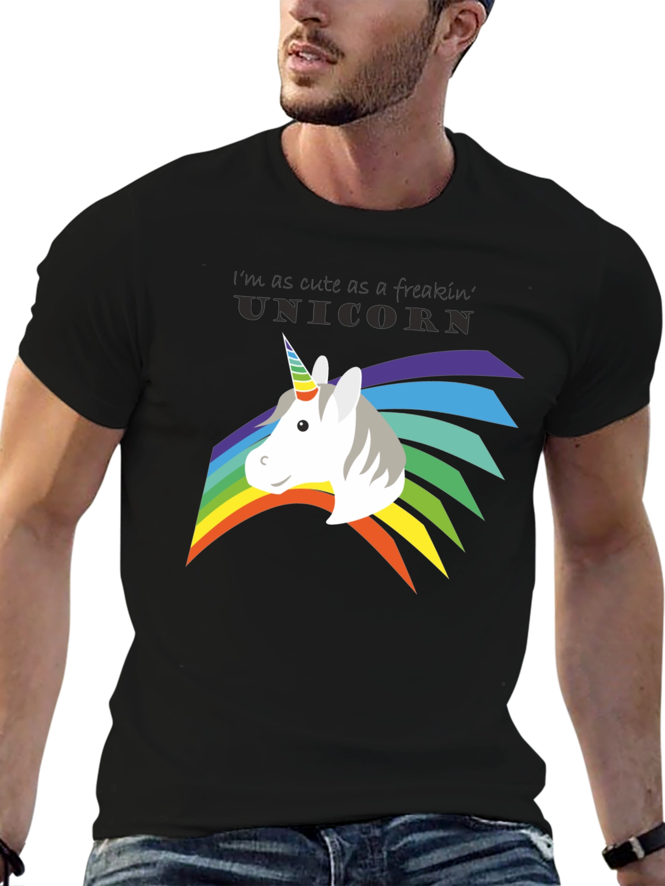 Black Cute Unicorn Freakin' Unicorn Rainbow T-Shirt view 6