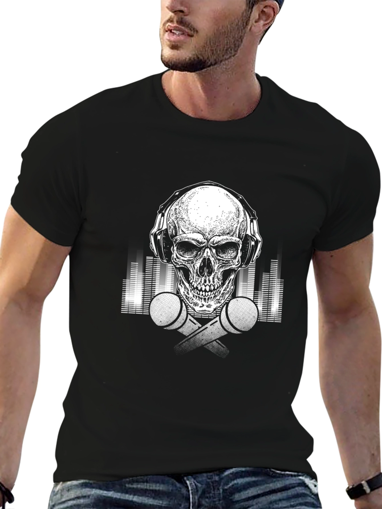 Black Skull DJ Graphic Tee - Black Cotton T-Shirt view 6