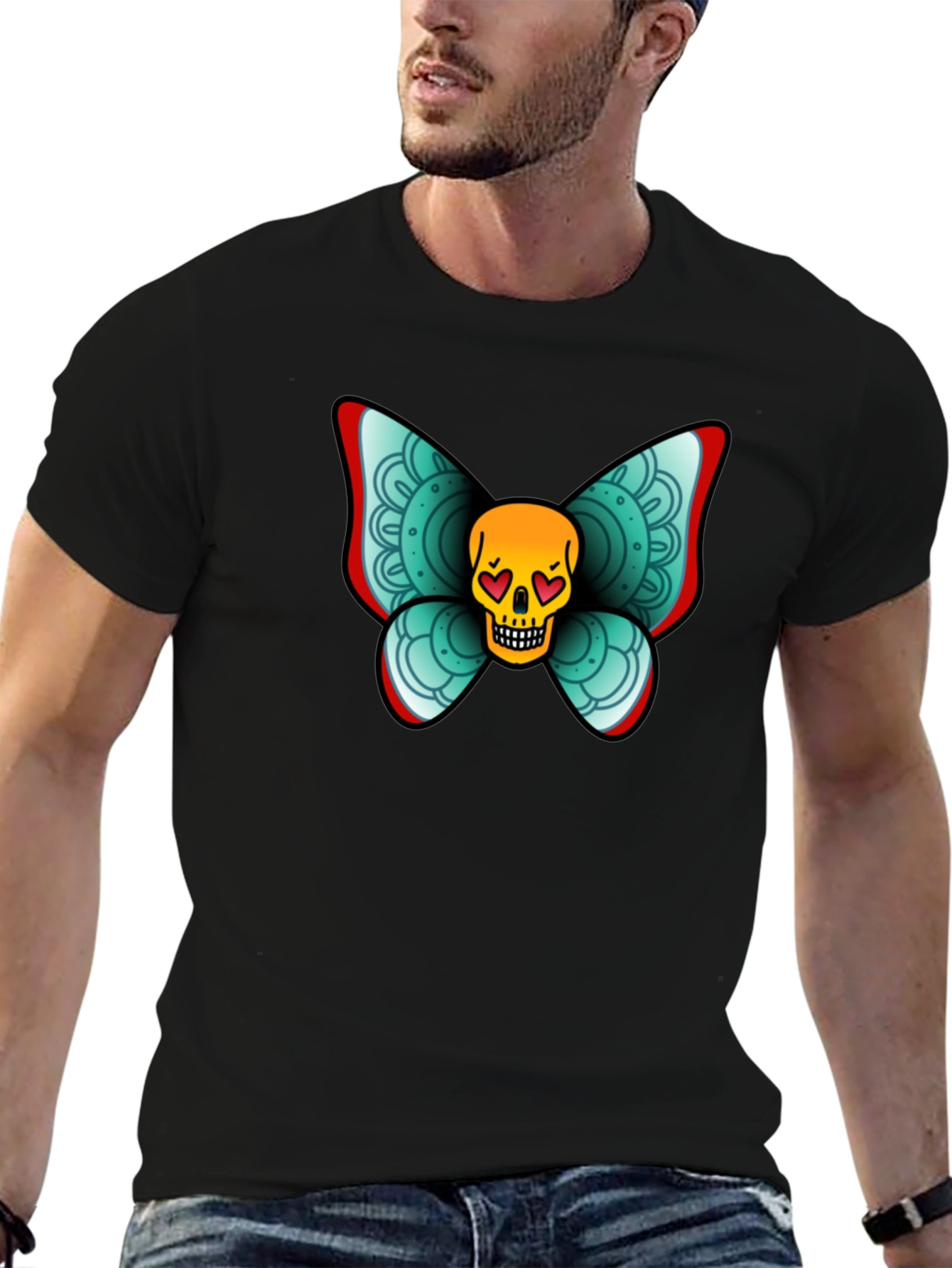 Black Skull Butterfly Graphic Tee - Black Cotton T-Shirt view 6