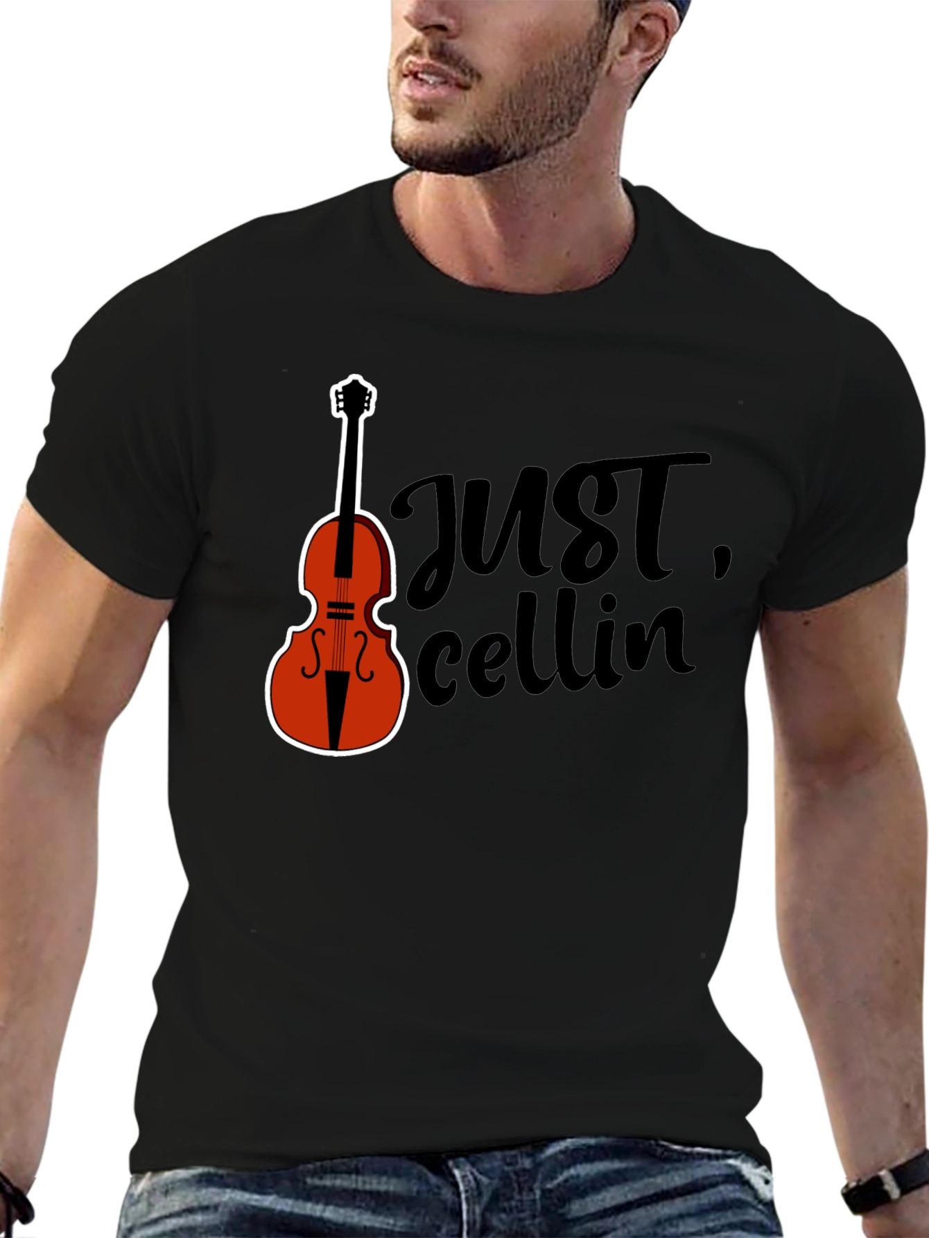 Black Just Cellin' Black T-Shirt with Cello Graphic view 6