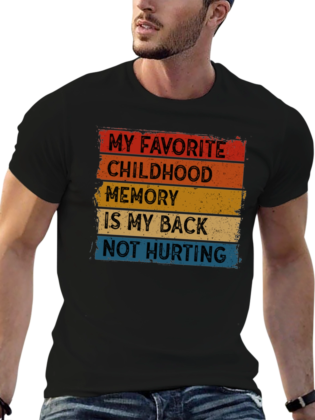 Black Funny Back Pain T-Shirt - "Childhood Memory" view 6