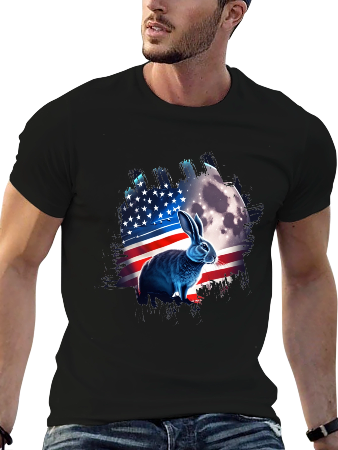 Black Patriotic Rabbit USA Flag T-Shirt view 6