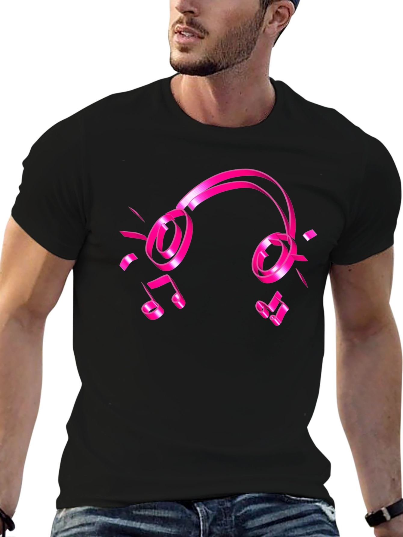 Black Black Tee with Pink Headphones and Music Notes Graphic view 6