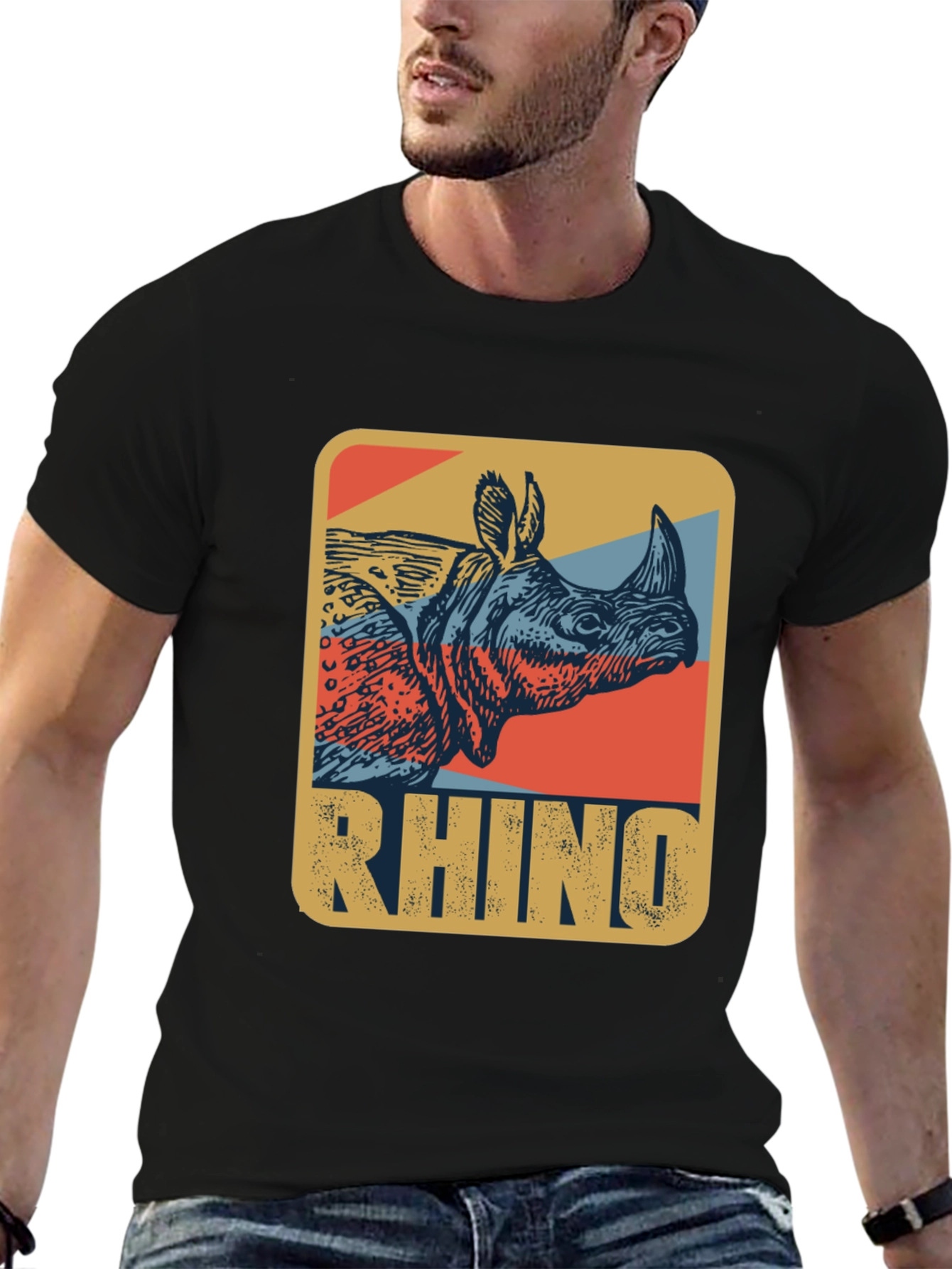 Black Retro Rhino Graphic T-Shirt - Cool Wildlife Tee view 6