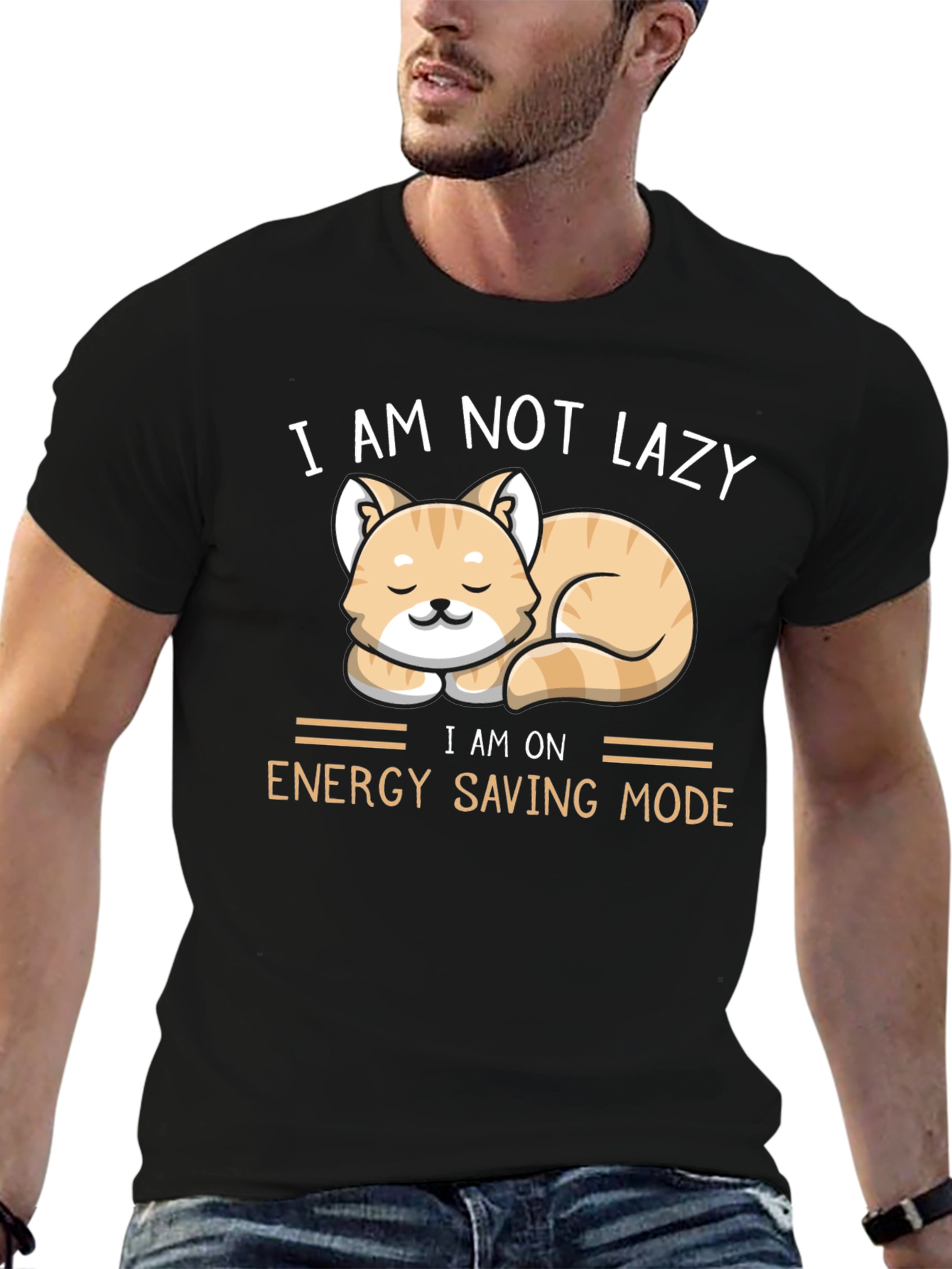 Black Funny Cat Energy Saving Mode T-Shirt view 6
