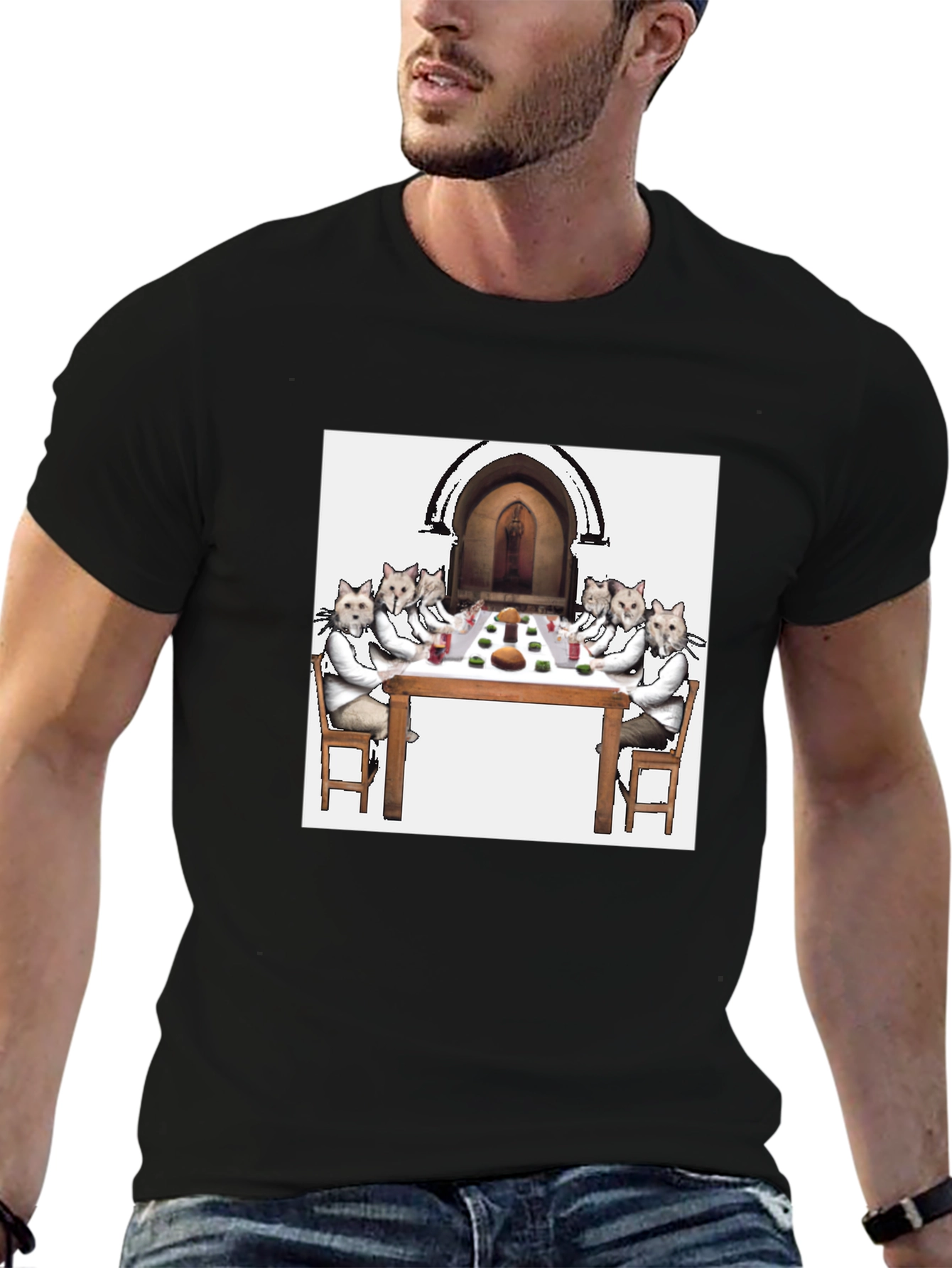 Black Cat Supper Black T-Shirt - Unique Feline Dinner Party Design view 6