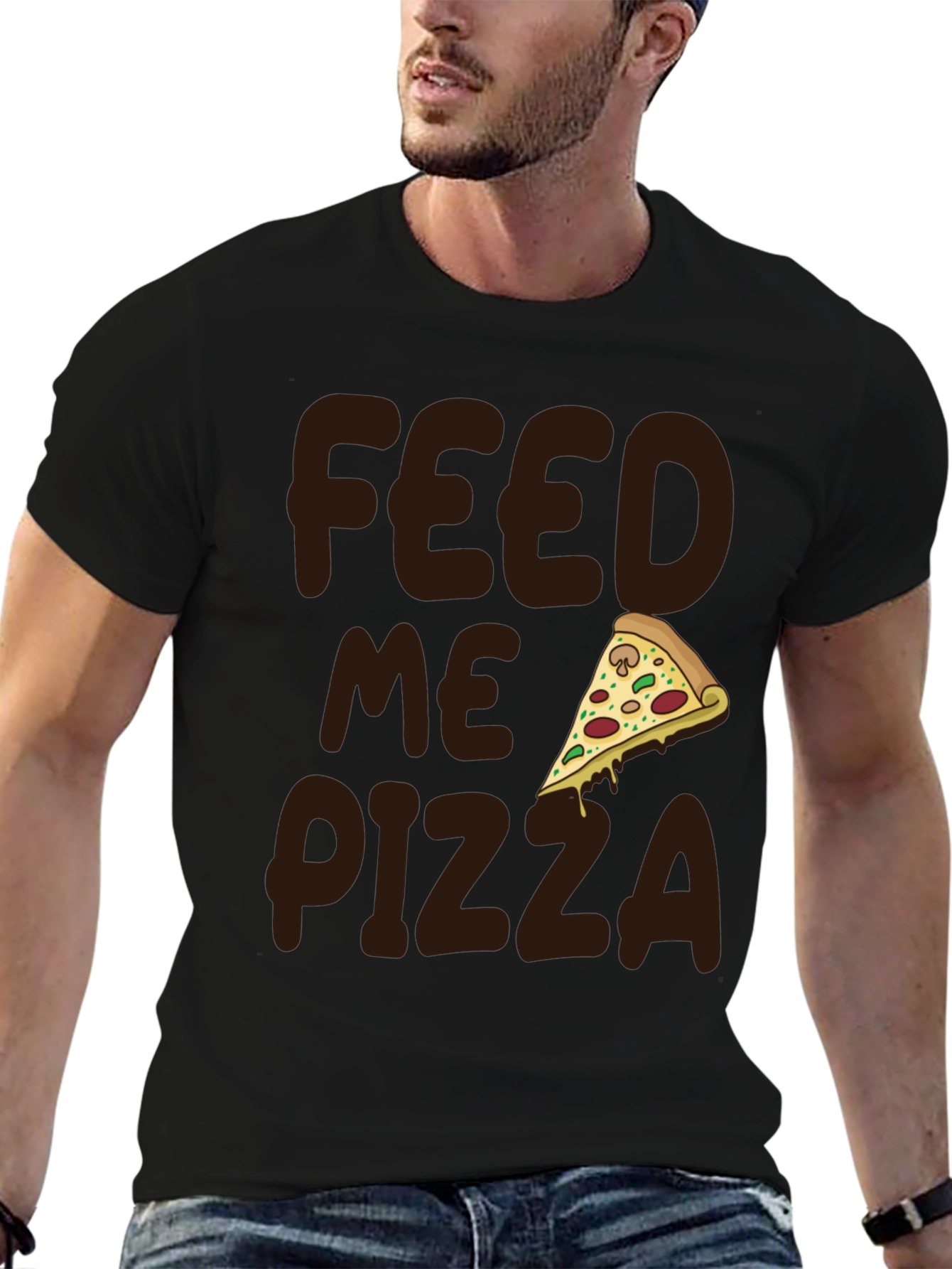 Black Feed Me Pizza Graphic Tee - Funny Food Lover Shirt view 6