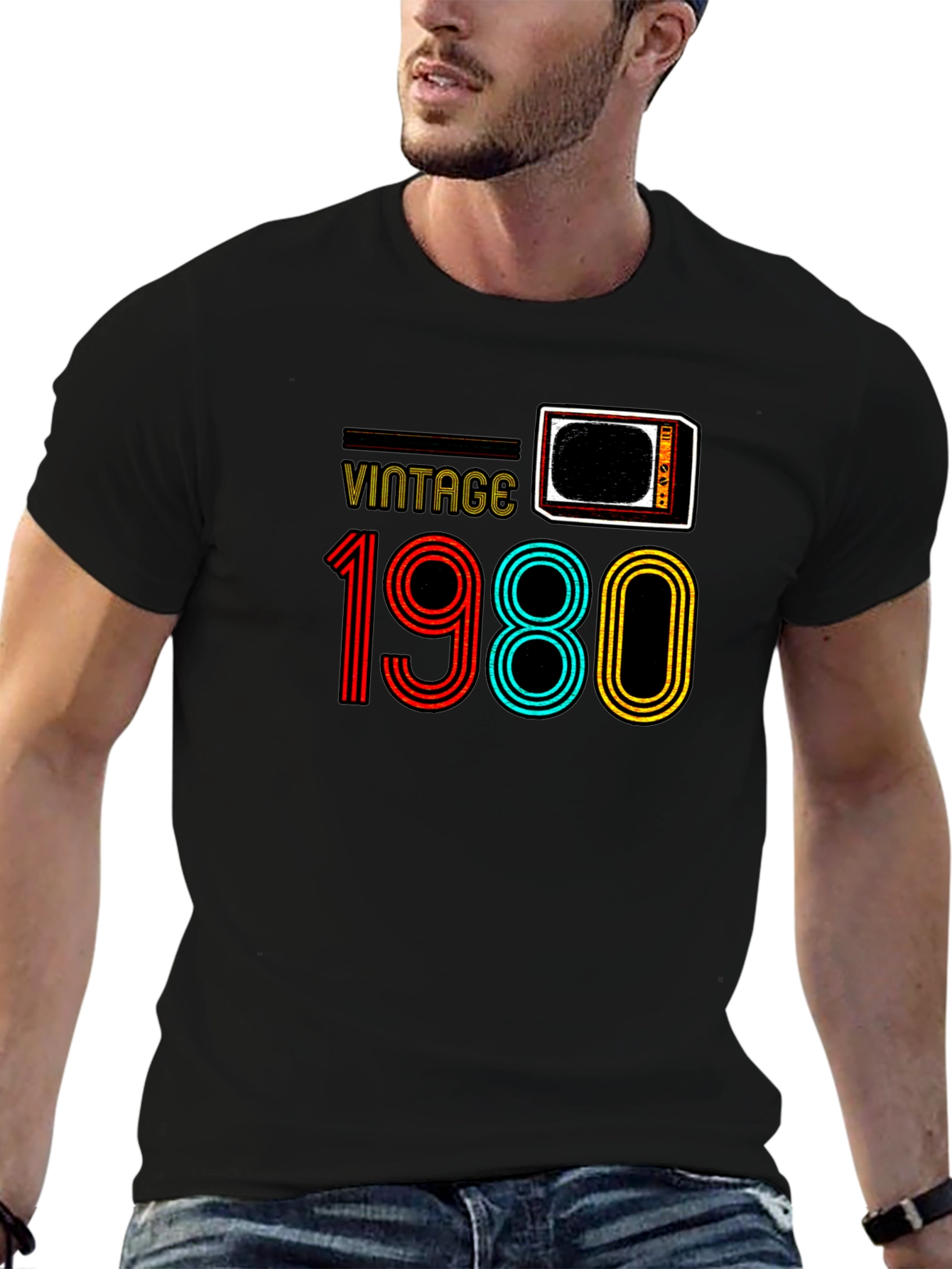 Black Vintage 1980 Retro TV T-Shirt view 6