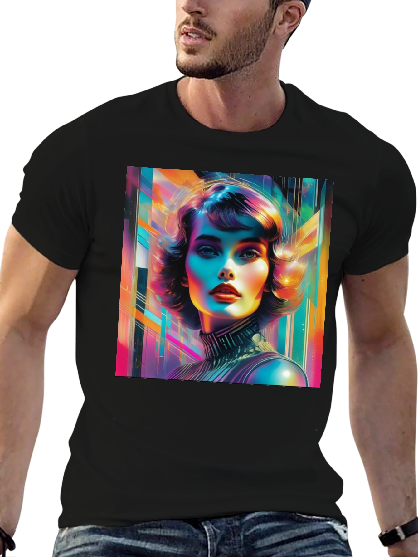 Black Vivid Retro Woman Graphic Tee - Modern Art Style view 6