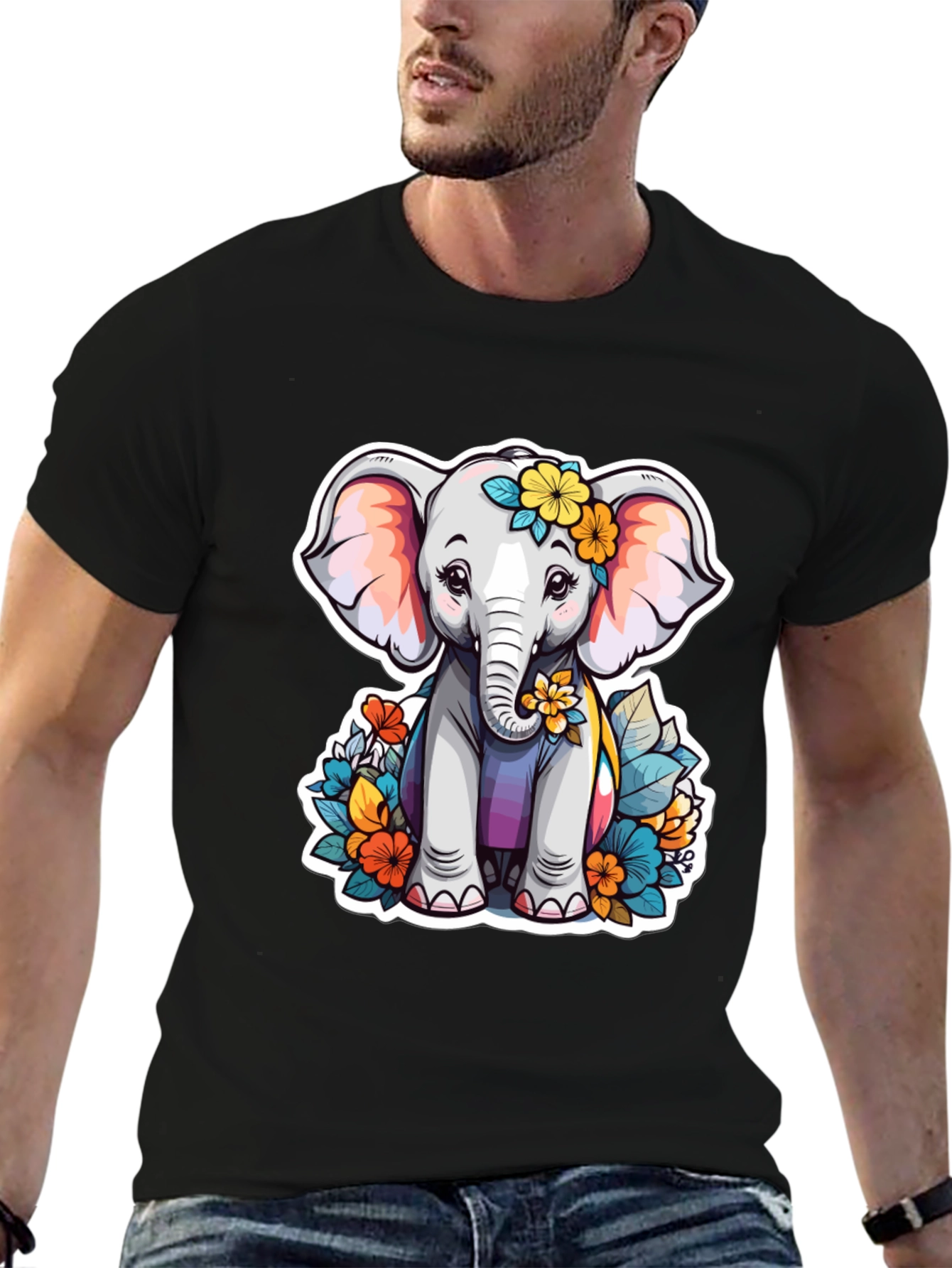 Black Cute Elephant Floral T-Shirt - Unisex Black Tee view 6