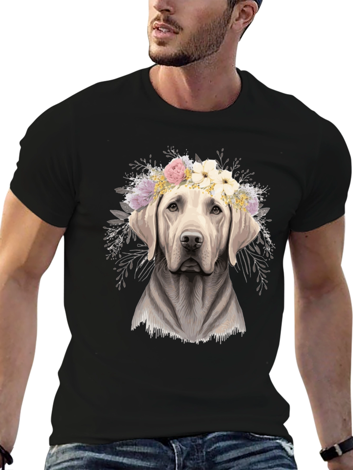 Black Dog with Flower Crown Graphic Tee - Black view 6