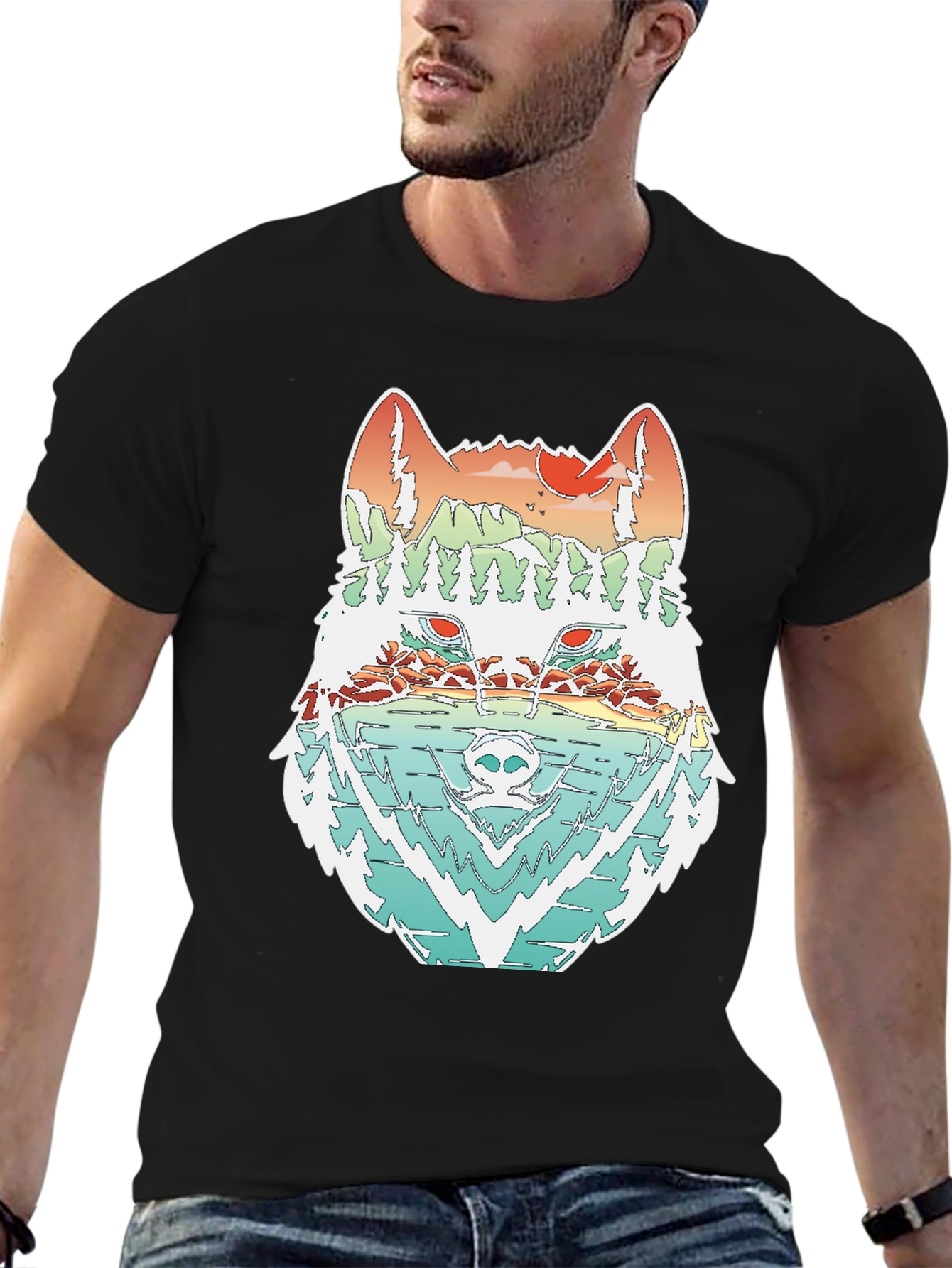 Black Nature Wolf Graphic Tee - Unisex Black T-Shirt view 6