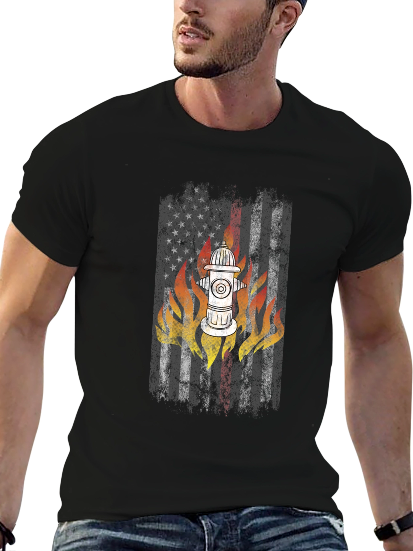 Black Firefighter USA Flag Hydrant T-Shirt view 6