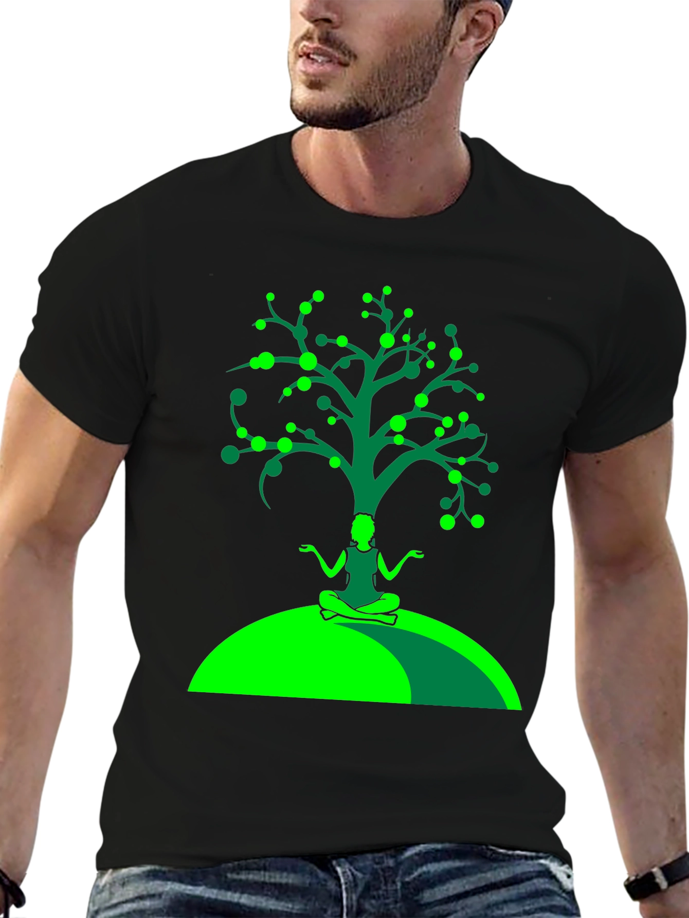 Black Yoga Tree Graphic Tee - Black Cotton T-Shirt view 6