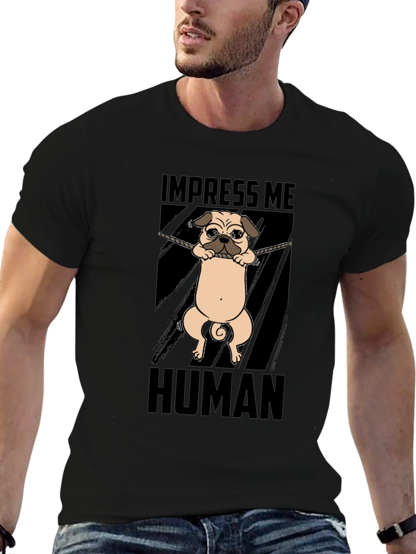 Black Impress Me Human Pug Graphic T-Shirt view 6