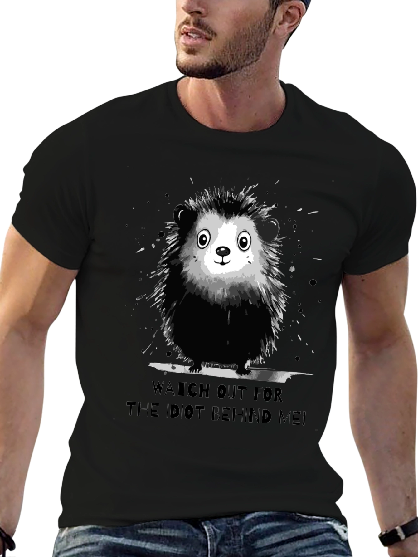 Black Funny Hedgehog Graphic Tee - Watch Out For The Idiot Behind Me! view 6