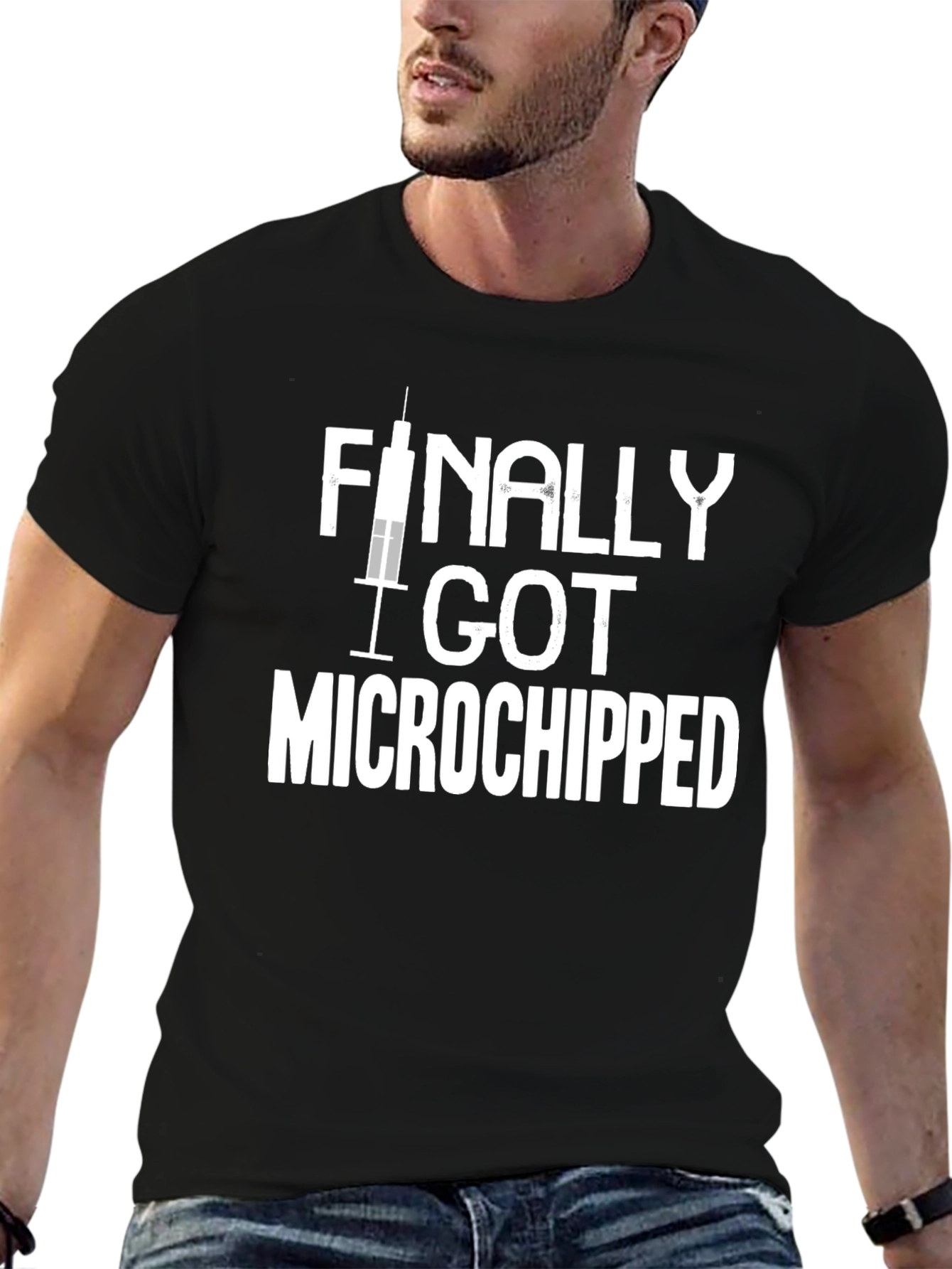Black Finally Got Microchipped - Novelty T-Shirt view 6