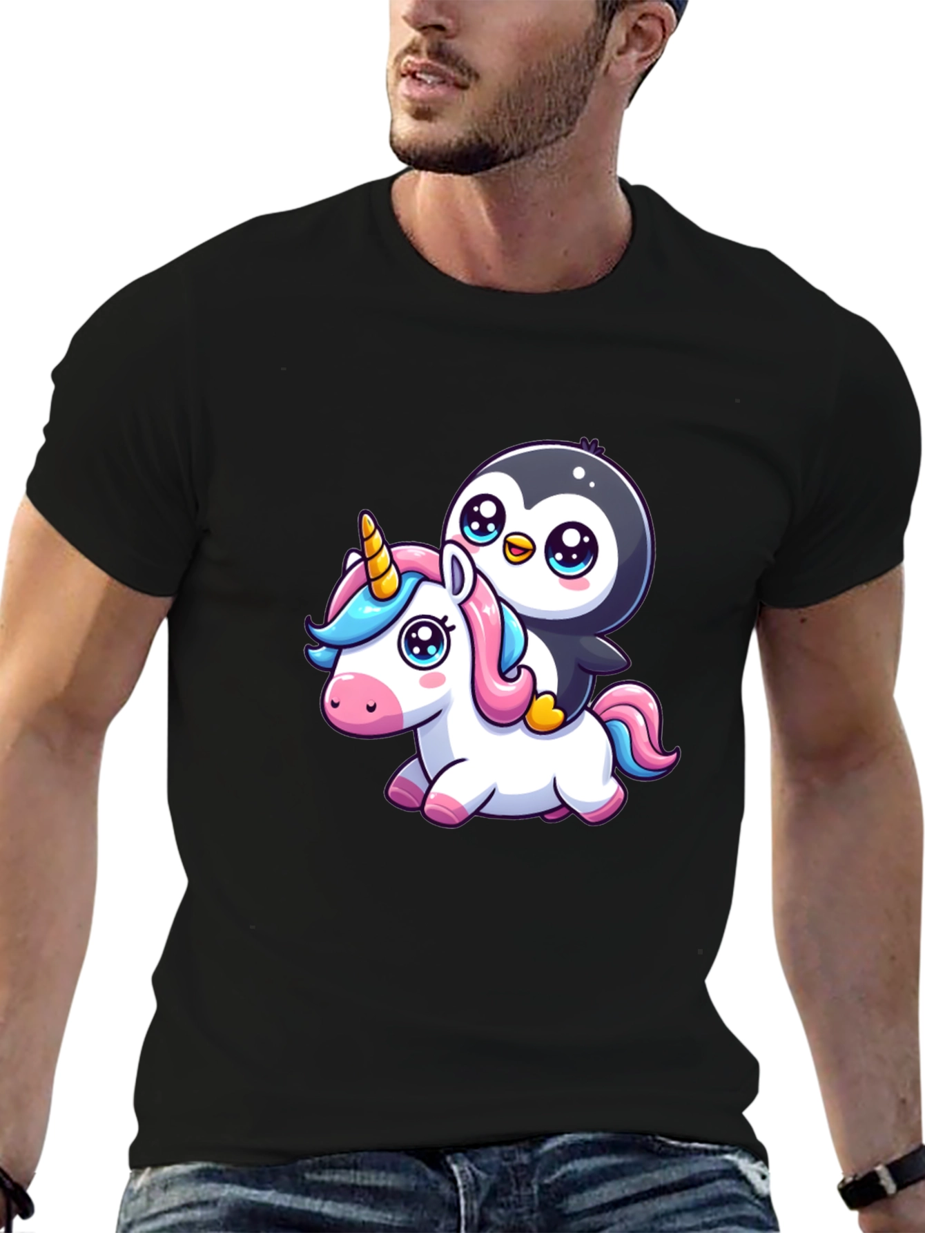 Black Penguin Riding Unicorn Graphic Tee view 6