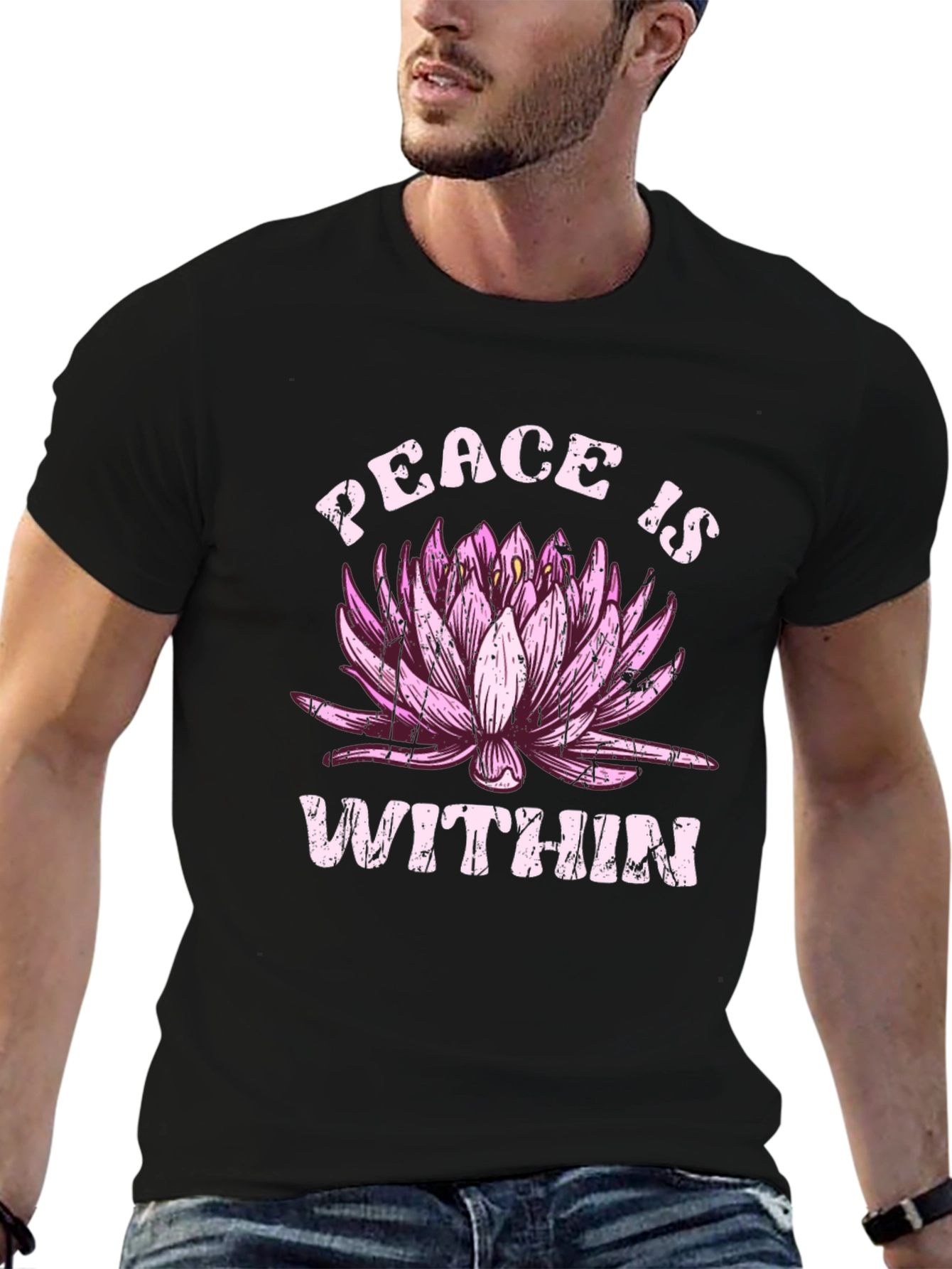 Black Peace Within Lotus Graphic Black T-Shirt view 6
